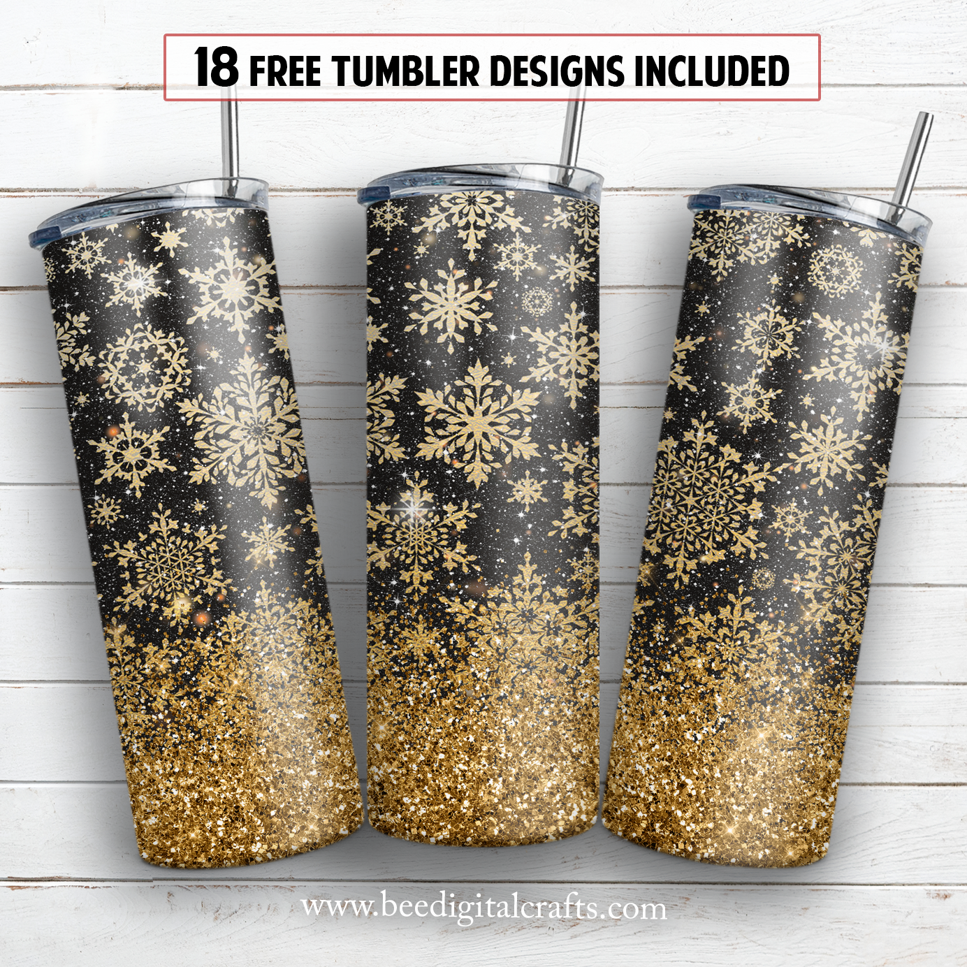 Gold snowflake 20 oz skinny tumbler sublimation design