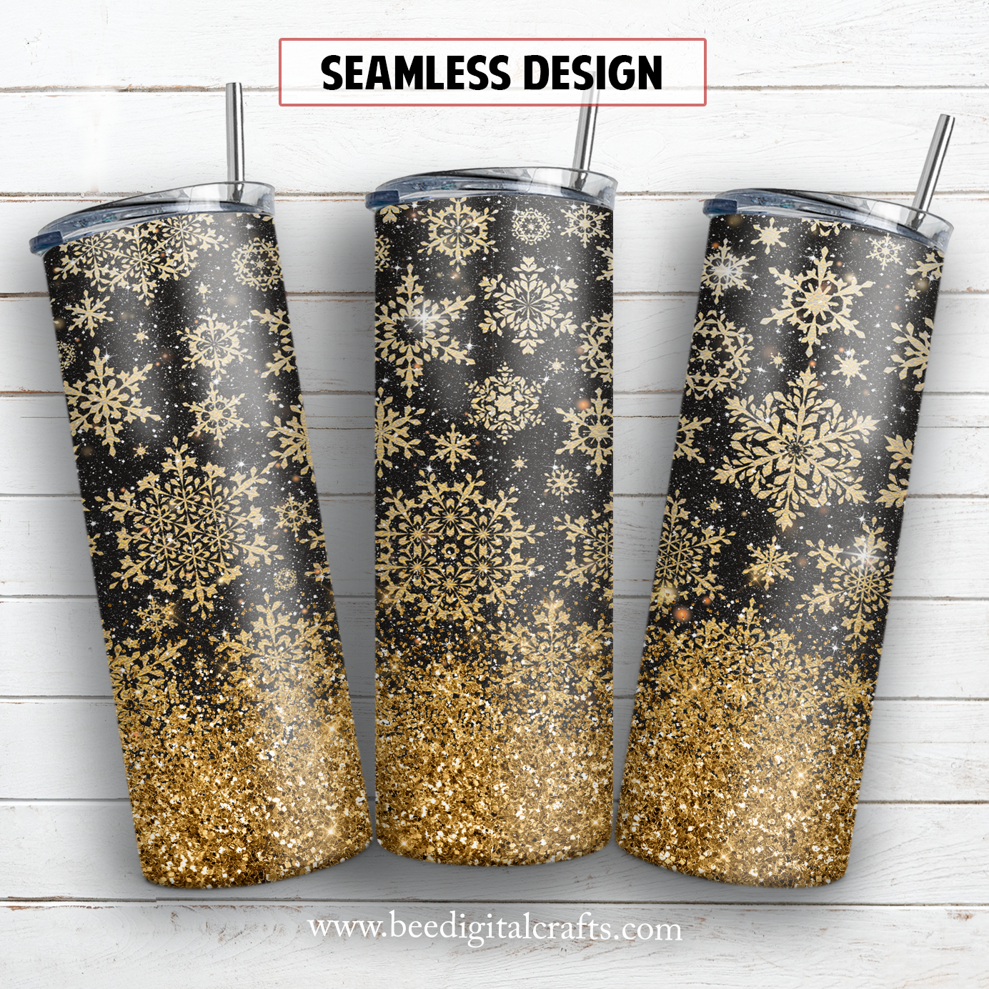 Gold snowflake 20 oz skinny tumbler sublimation design