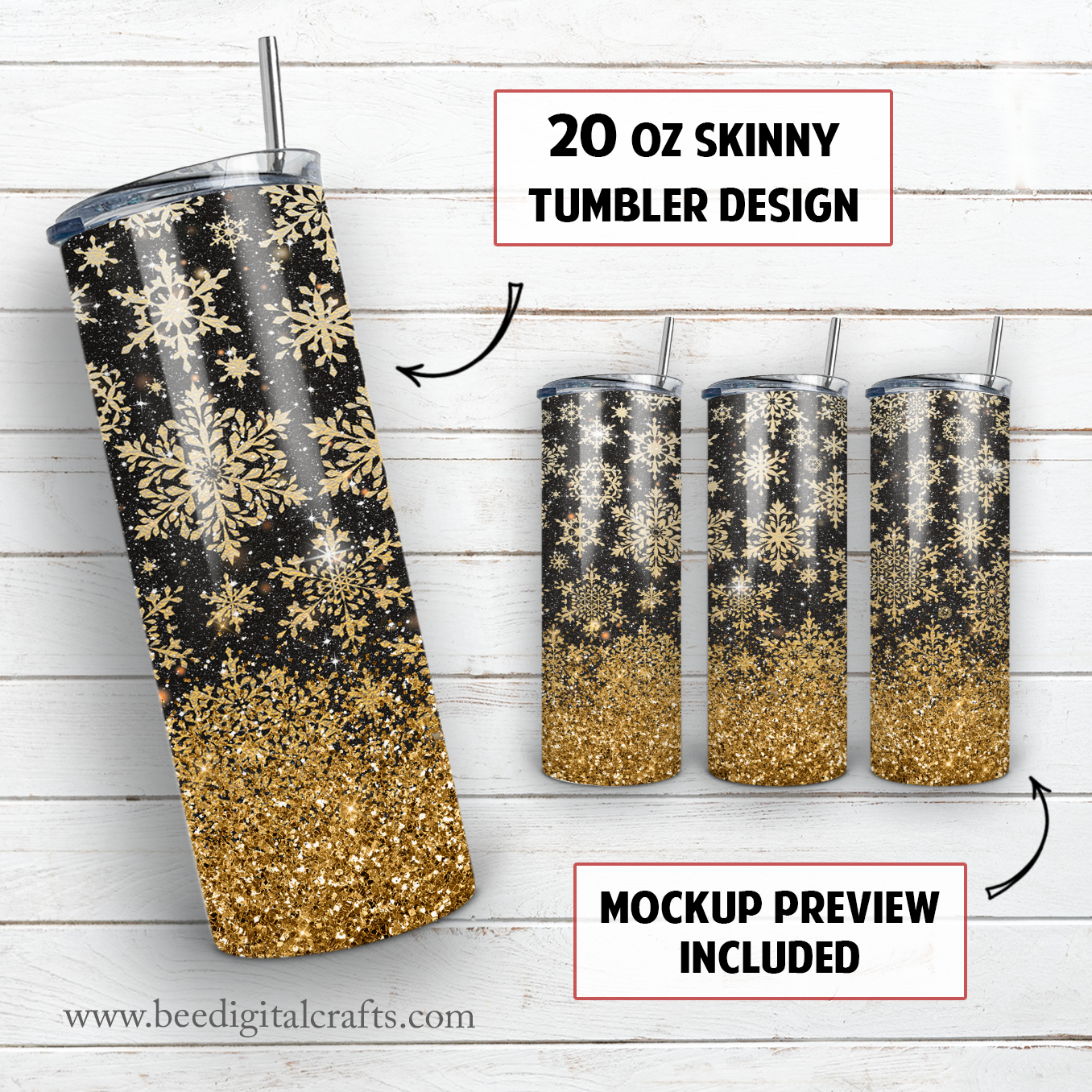 Gold snowflake 20 oz skinny tumbler sublimation design