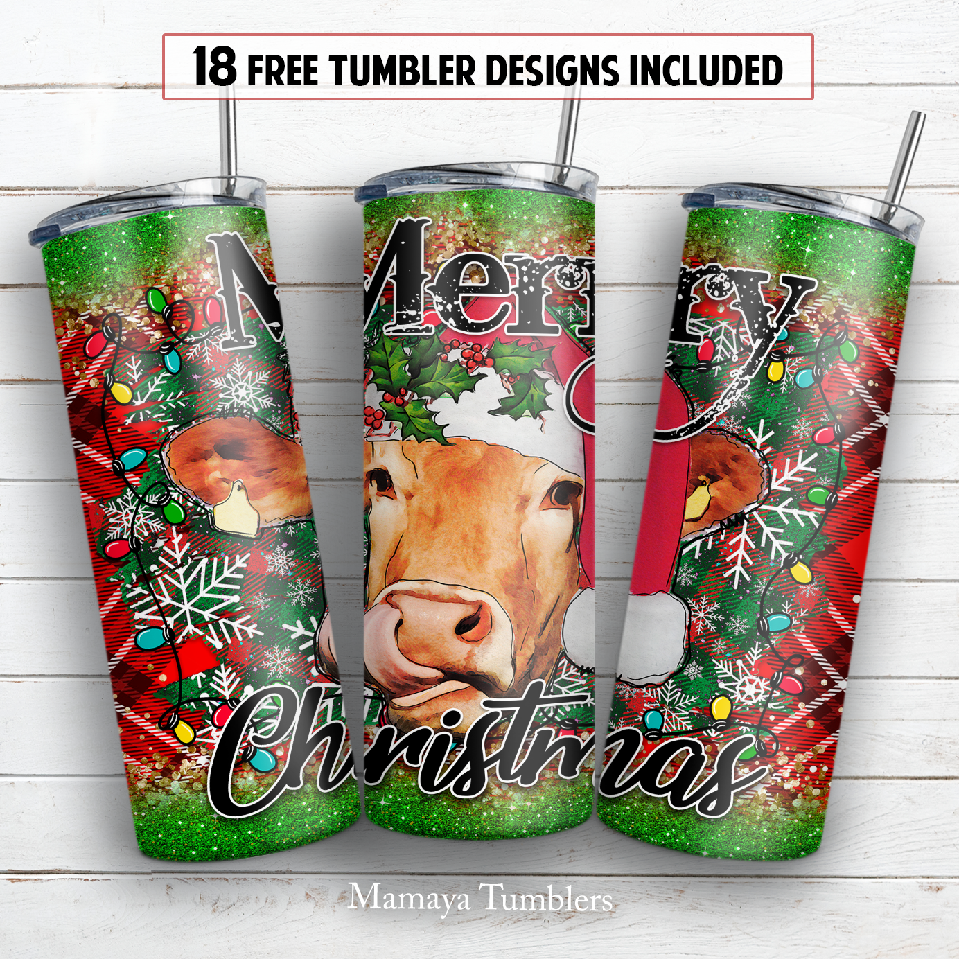 Christmas cow 20 and 30 oz skinny tumbler sublimation design