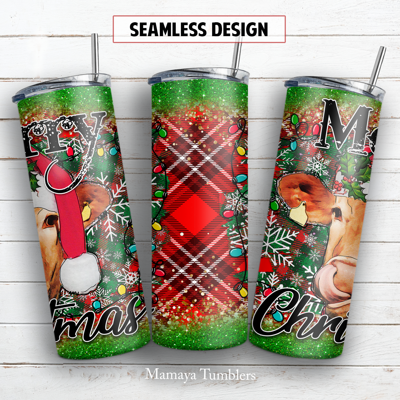 Christmas cow 20 and 30 oz skinny tumbler sublimation design