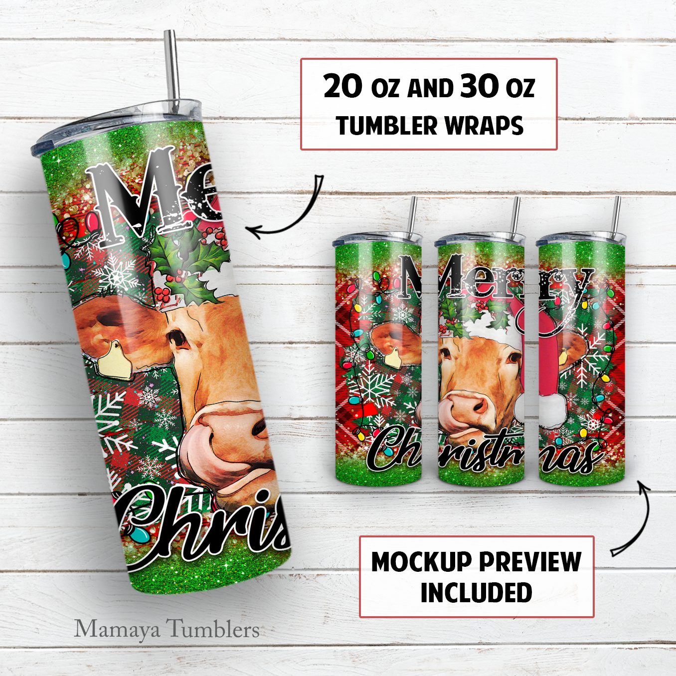 Christmas cow 20 and 30 oz skinny tumbler sublimation design