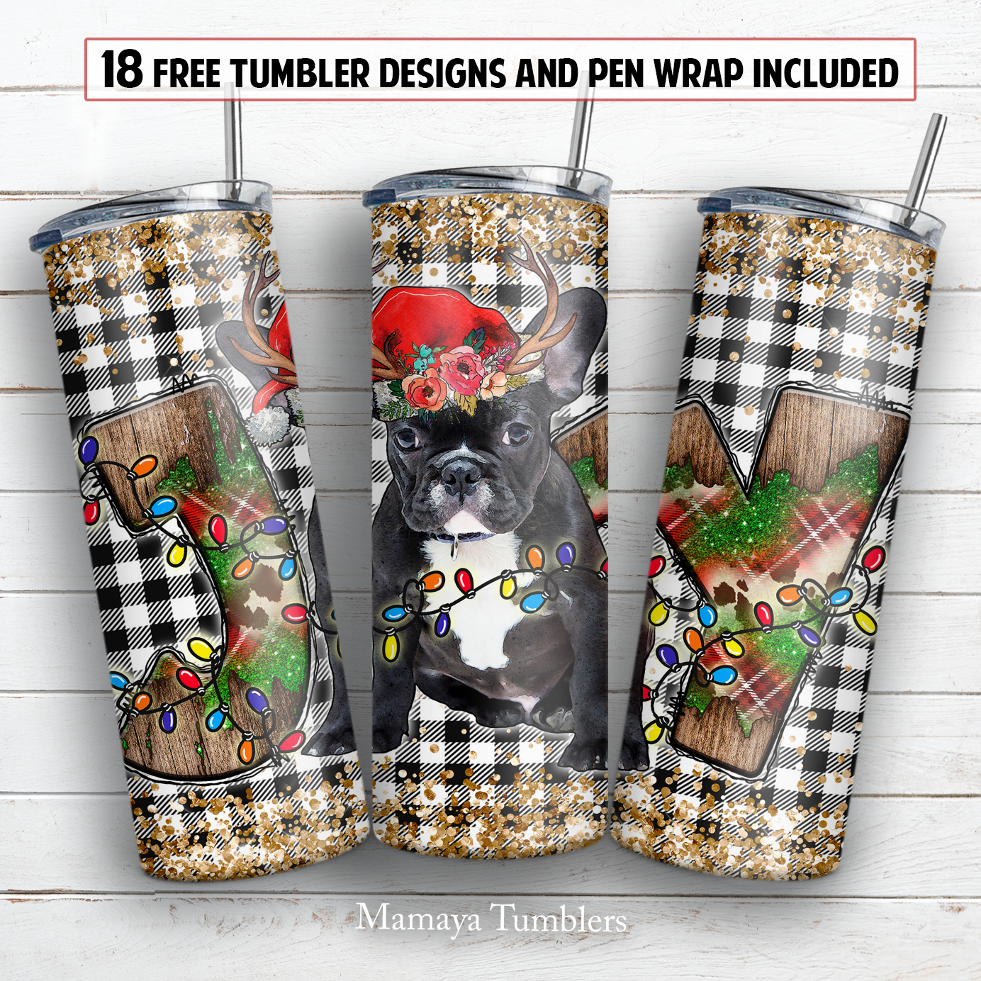 Christmas french bulldog 20 and 30 oz skinny tumbler sublimation design