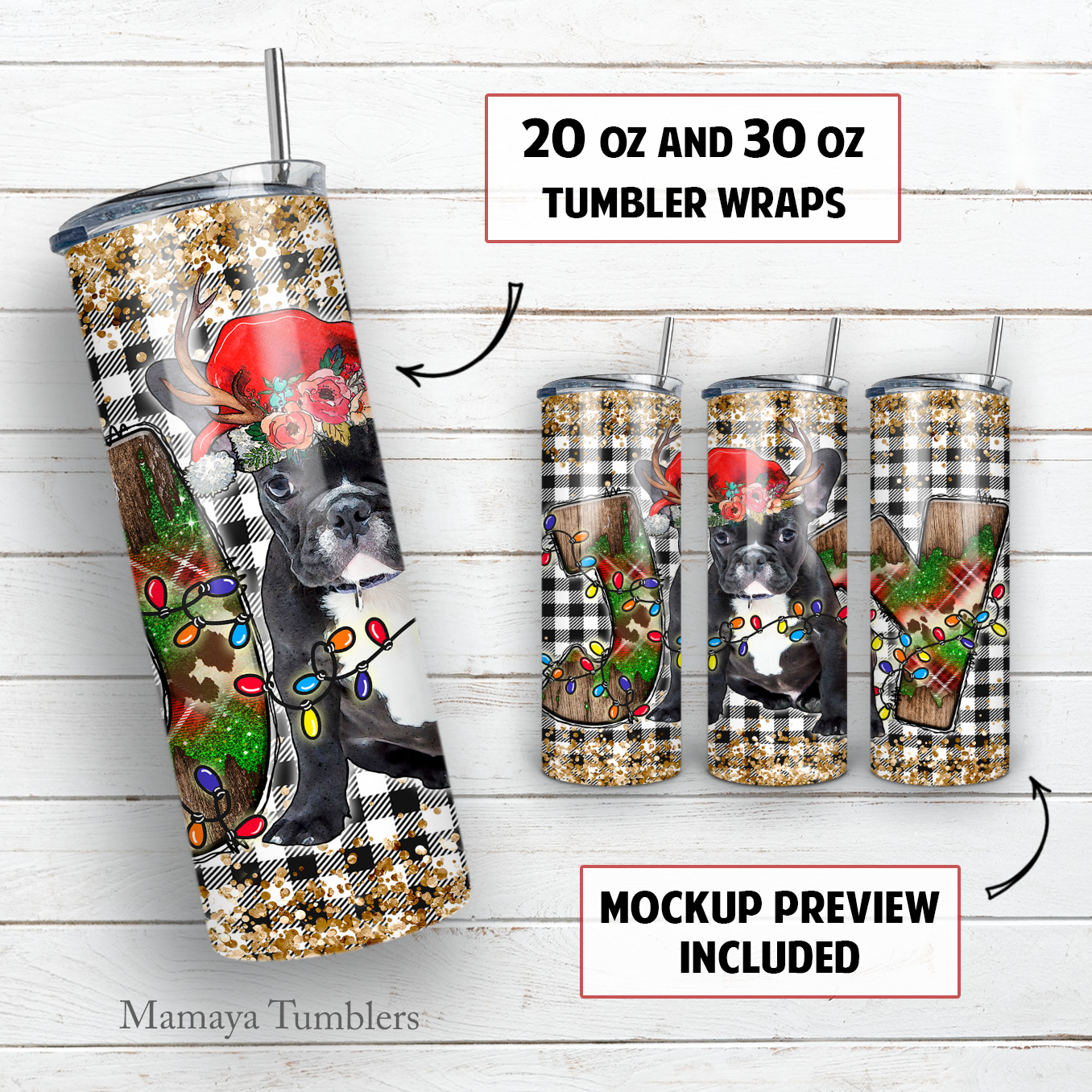 Christmas french bulldog 20 and 30 oz skinny tumbler sublimation design