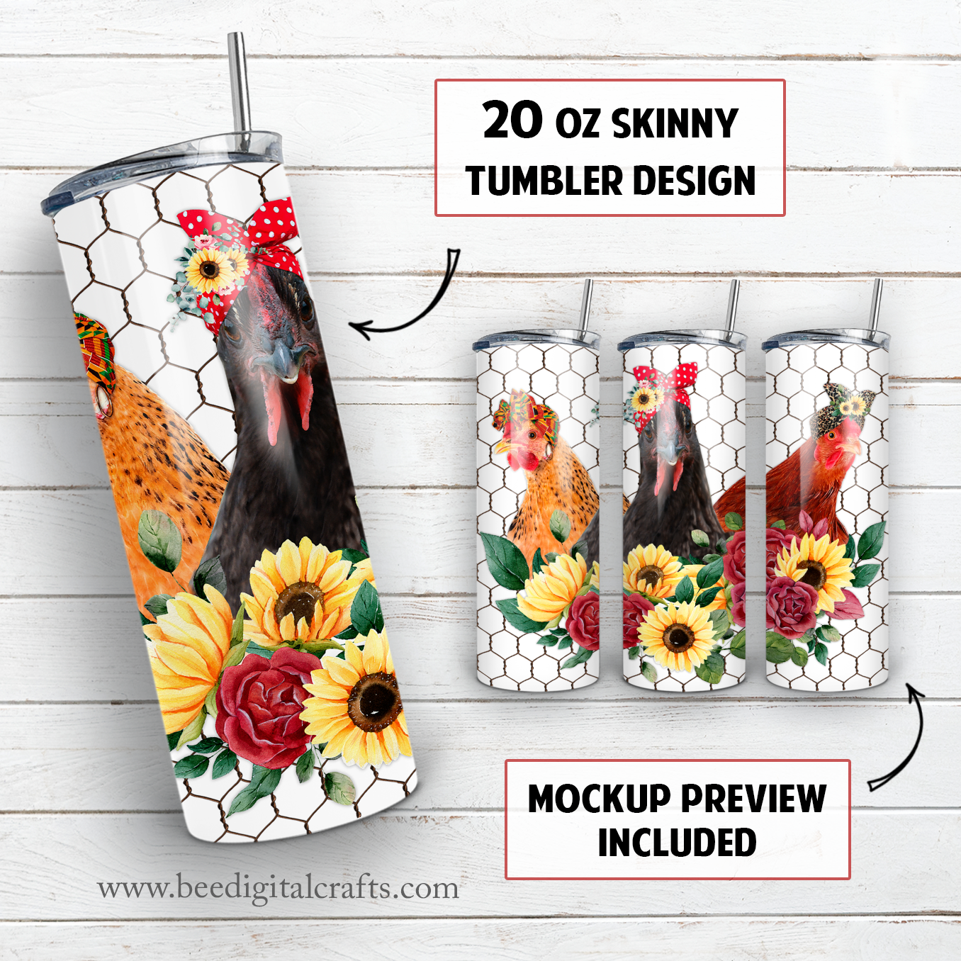 Chicken trio 20 oz skinny tumbler sublimation design