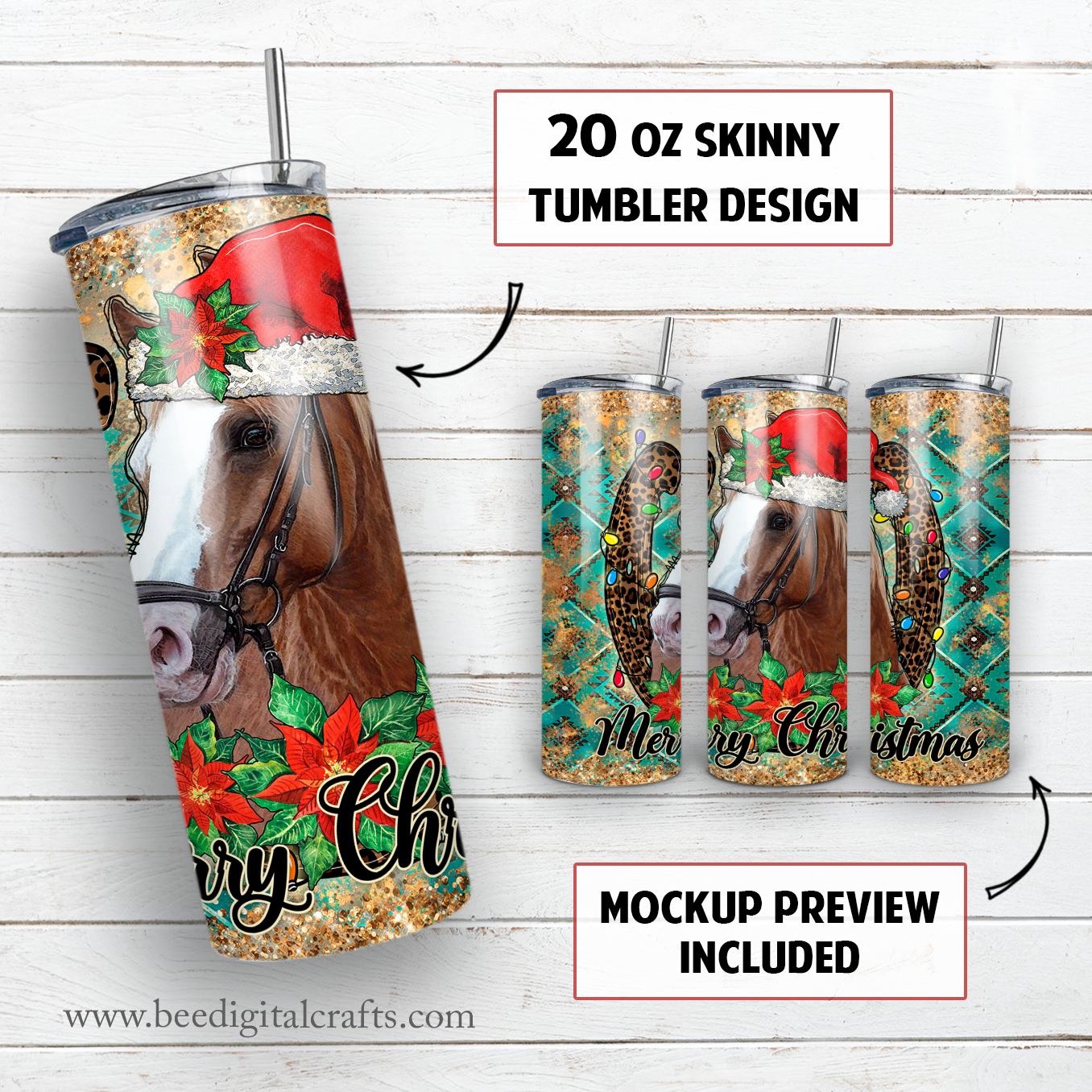 Merry Christmas horse 20 oz skinny tumbler sublimation design