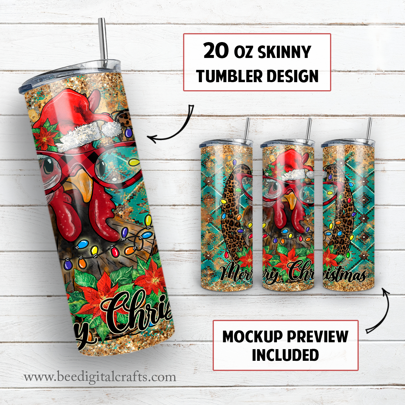 Christmas chicken 20 oz skinny tumbler sublimation design