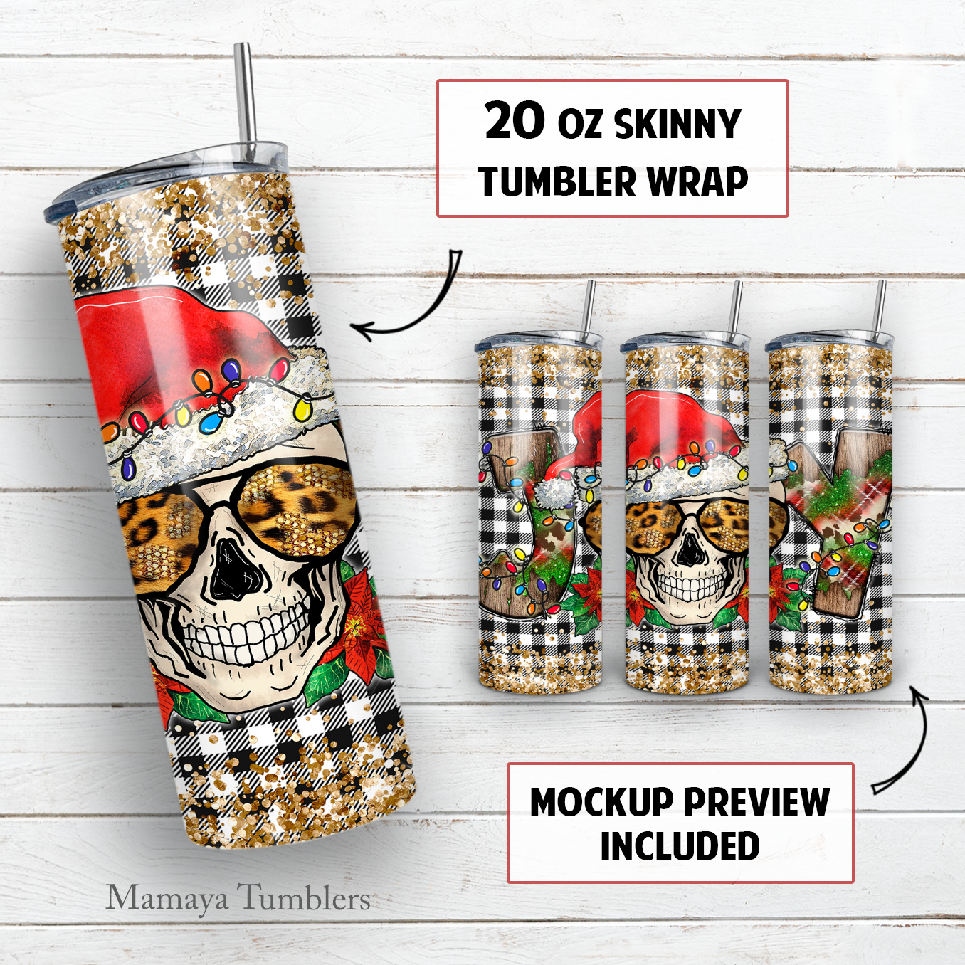 Christmas skull 20 oz skinny tumbler sublimation design