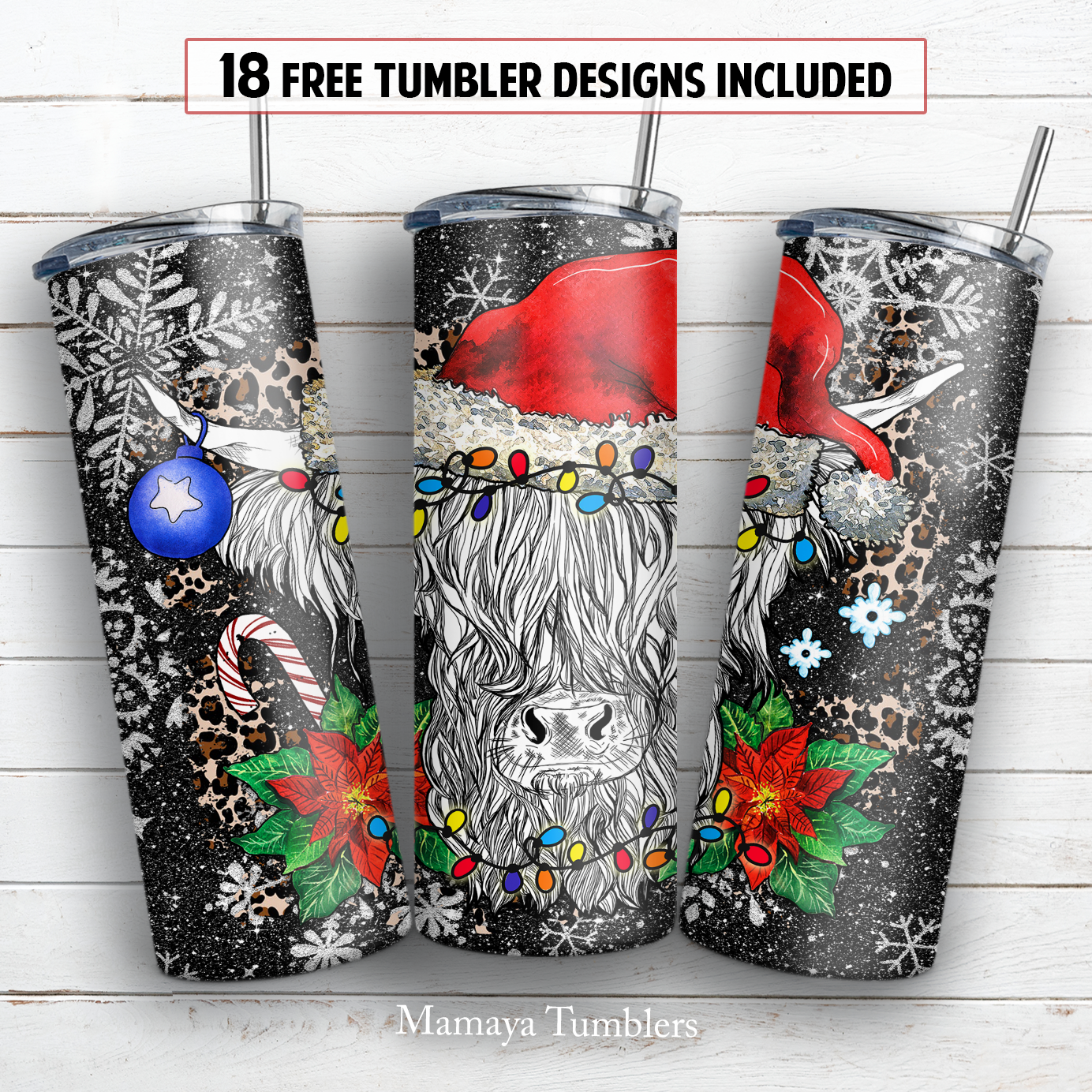 Christmas highland cow 20 oz skinny tumbler sublimation design