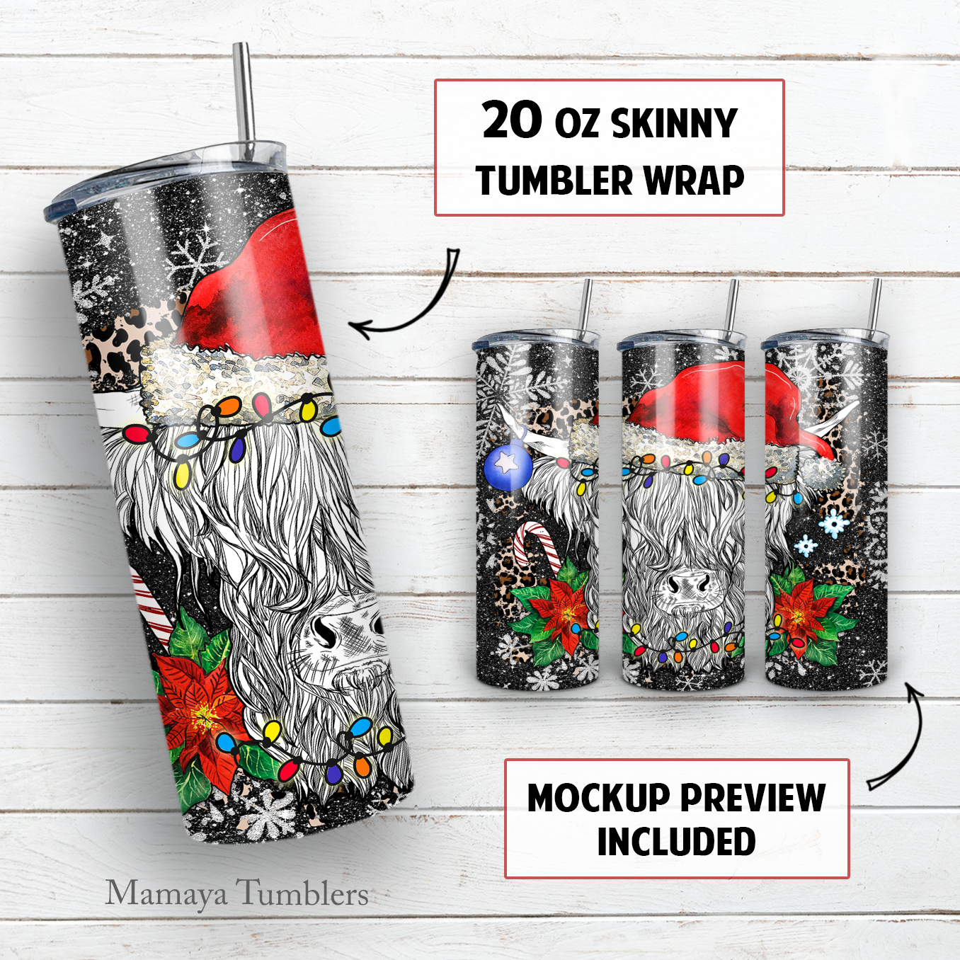 Christmas highland cow 20 oz skinny tumbler sublimation design