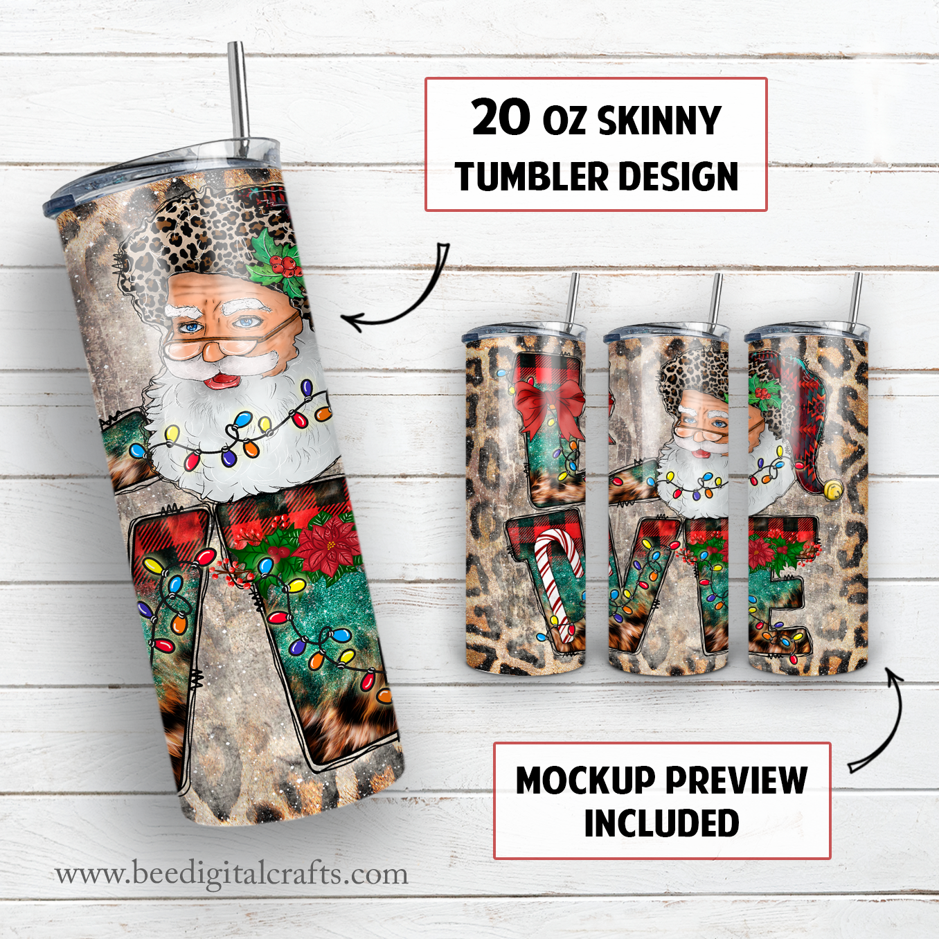 Love Santa 20 oz skinny tumbler sublimation design