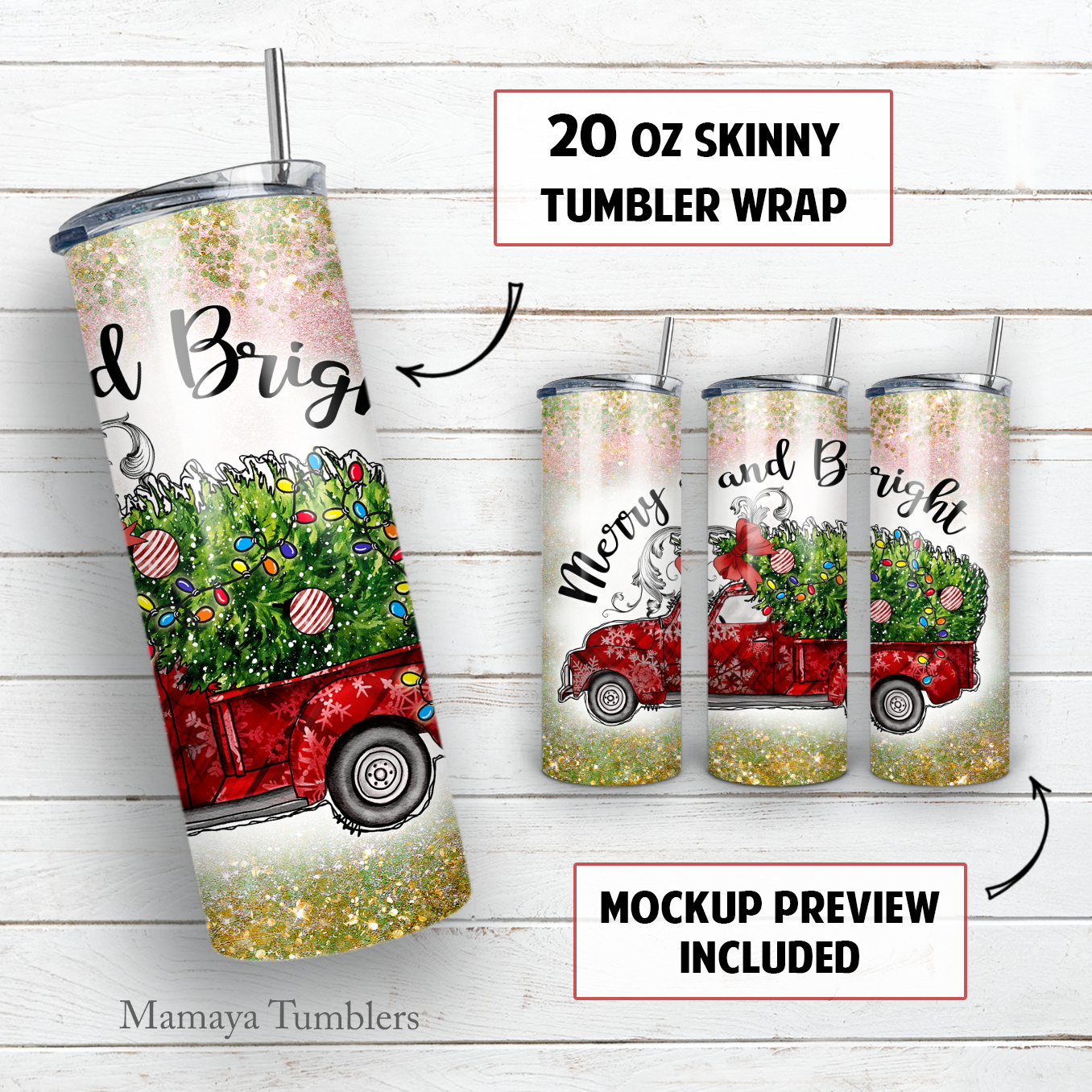 Merry and bright 20 oz skinny tumbler sublimation design