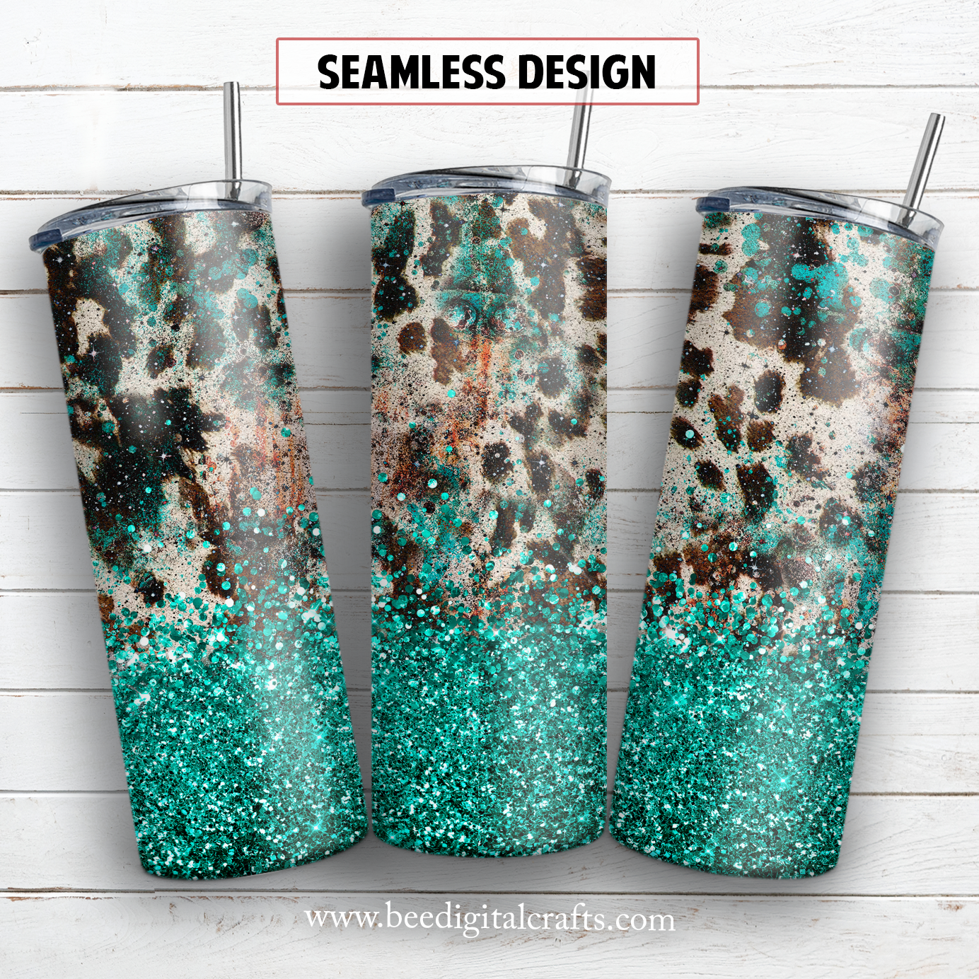 Cowhide teal glitter 20 oz skinny tumbler sublimation design