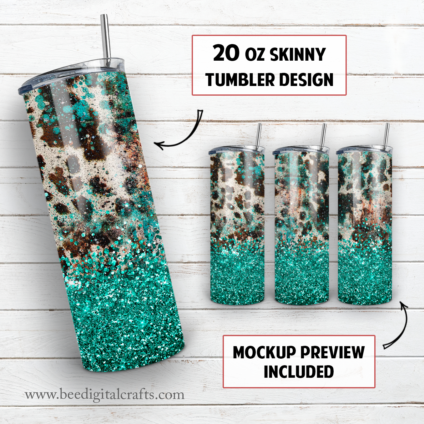 Cowhide teal glitter 20 oz skinny tumbler sublimation design