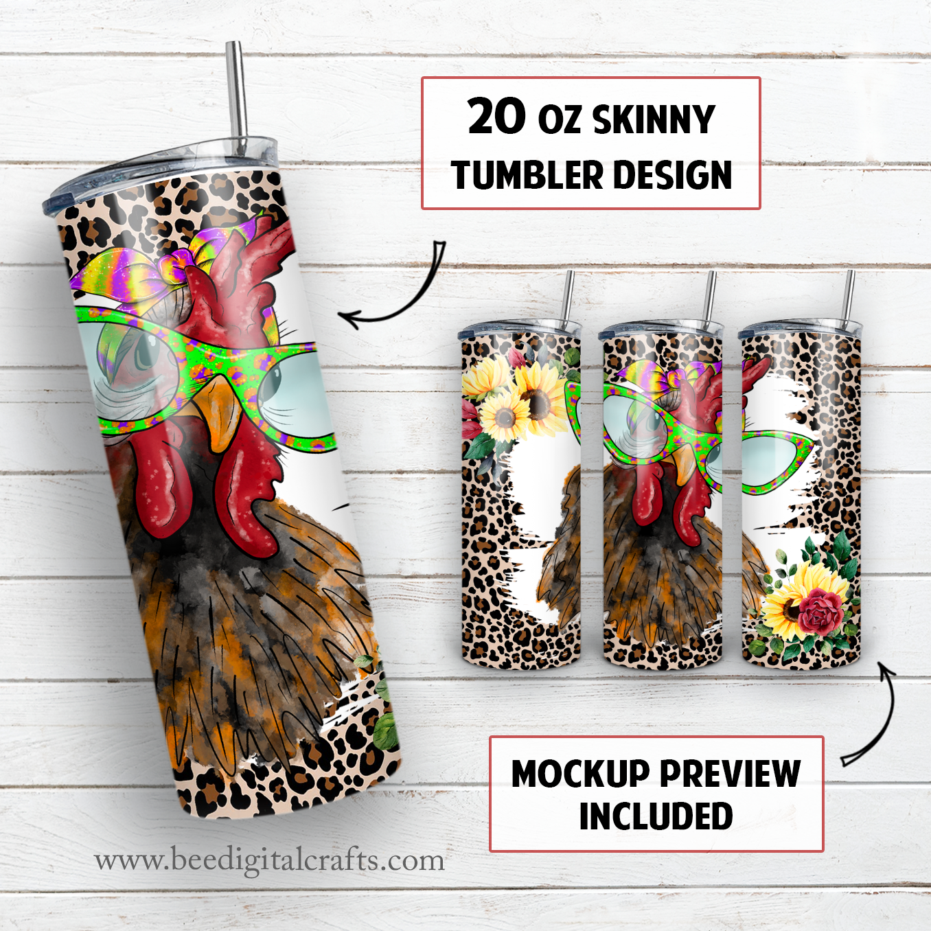 Chicken with bandana and glasses 20 oz skinny tumbler sublimation design