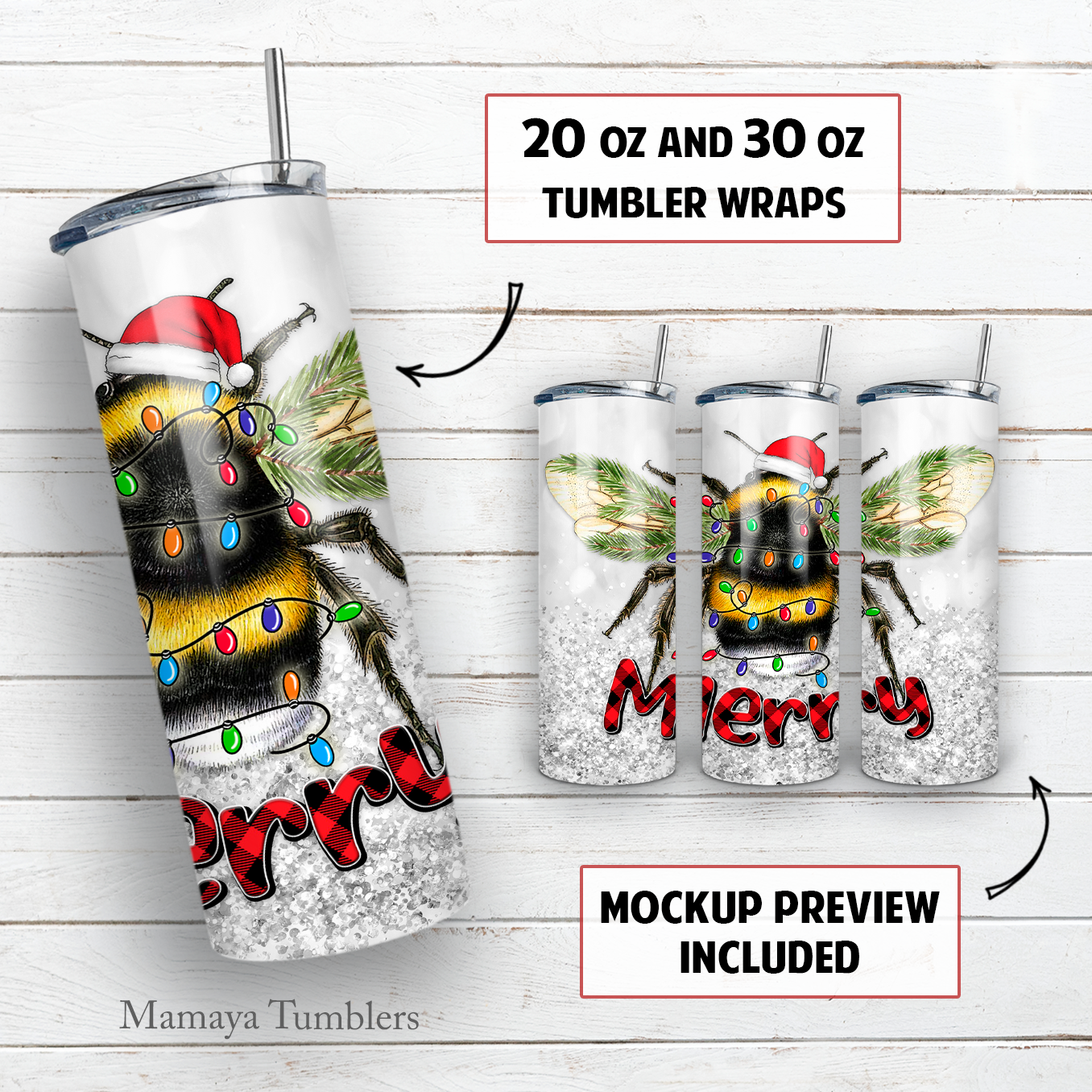 Bee Merry 20 and 30 oz skinny tumbler sublimation design