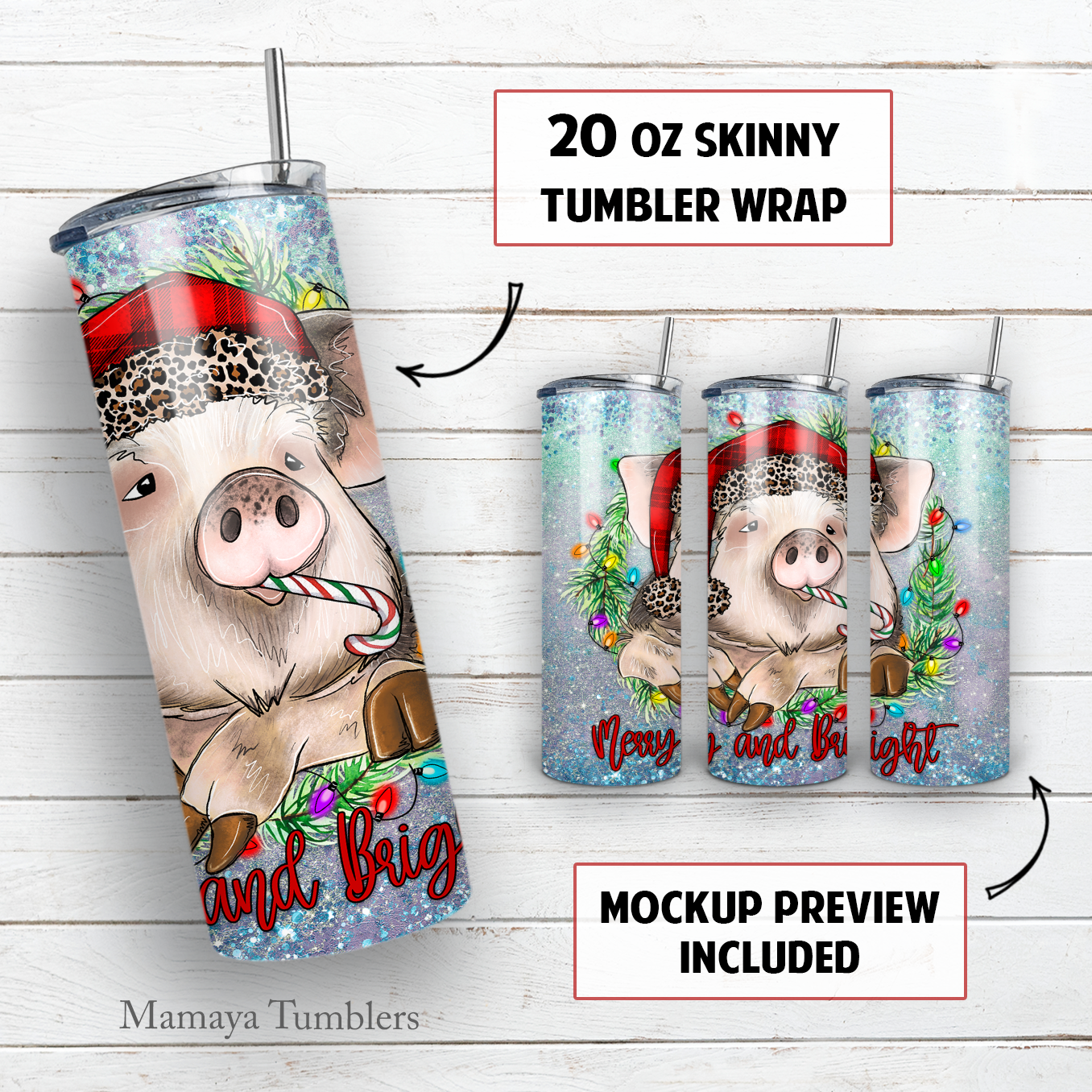 Christmas pig 20 oz skinny tumbler sublimation design