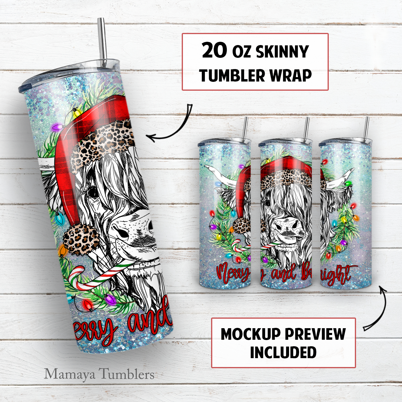 Christmas highland cow 20 oz skinny tumbler sublimation design