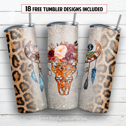 Leopard skull bull 20 oz skinny tumbler sublimation design