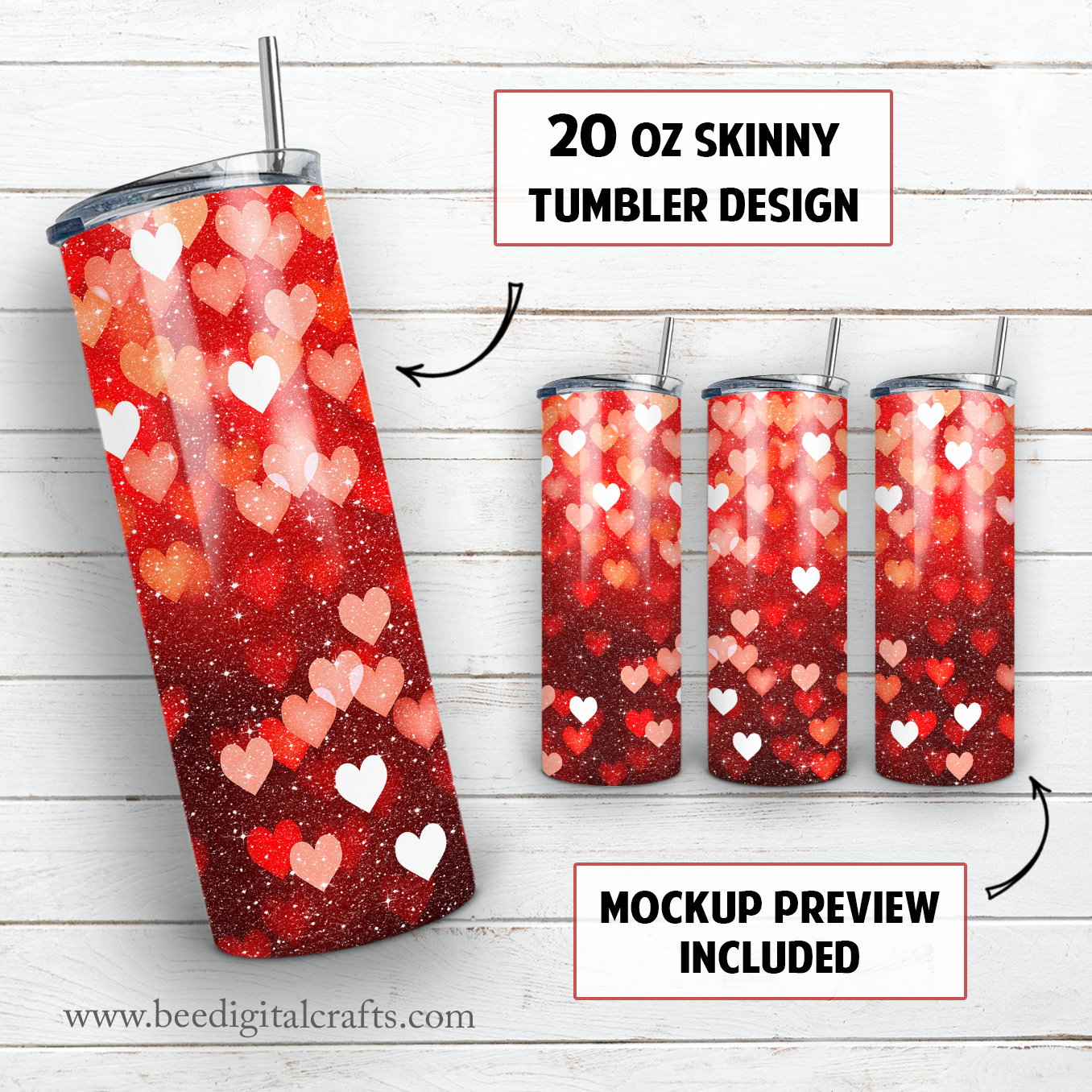 Glitter red hearts 20 oz skinny tumbler sublimation design