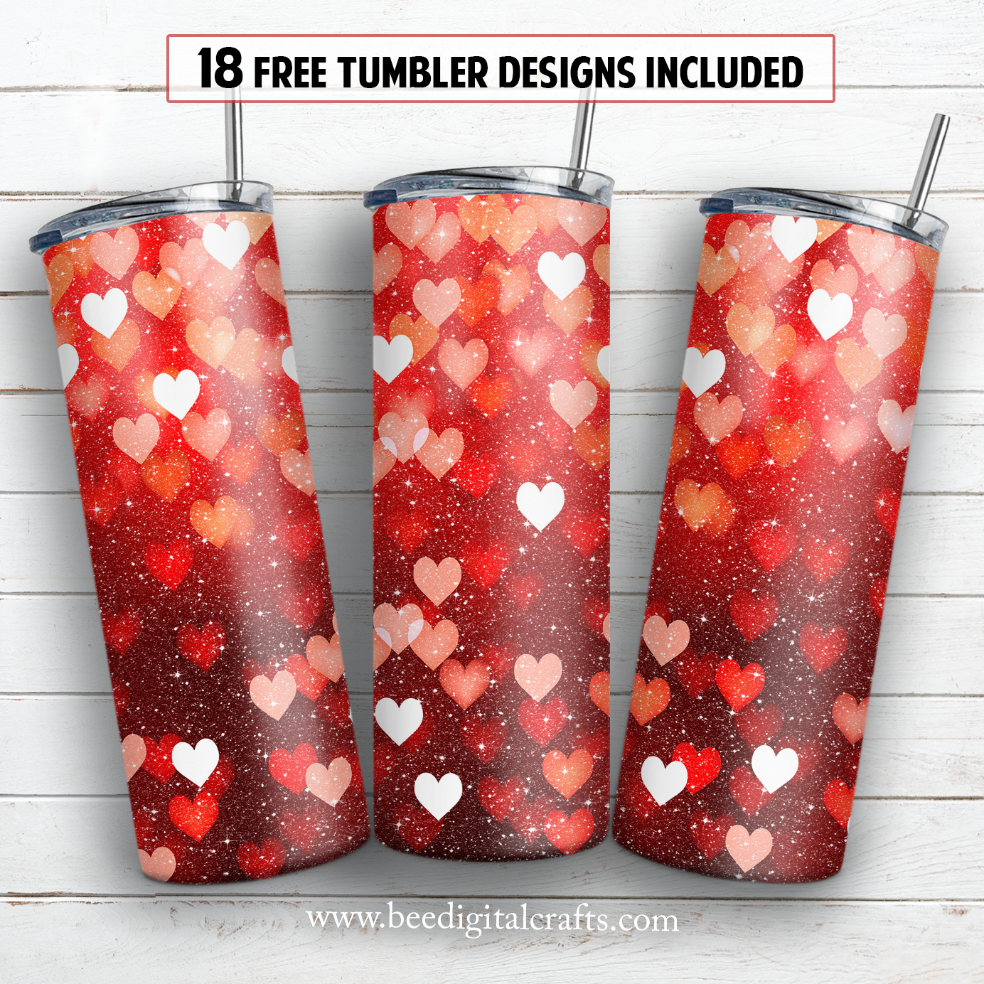 Glitter red hearts 20 oz skinny tumbler sublimation design