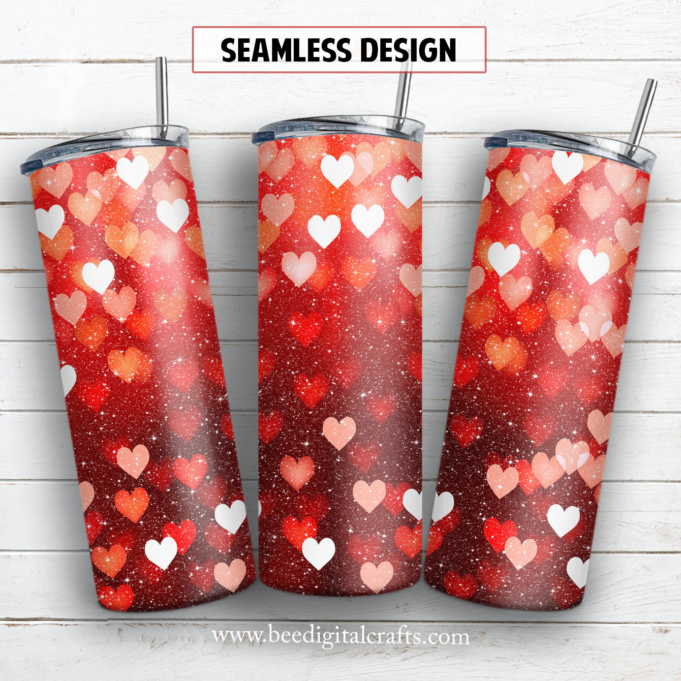 Glitter red hearts 20 oz skinny tumbler sublimation design