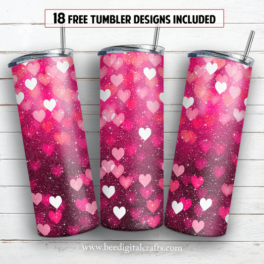 Glitter pink hearts 20 oz skinny tumbler sublimation design