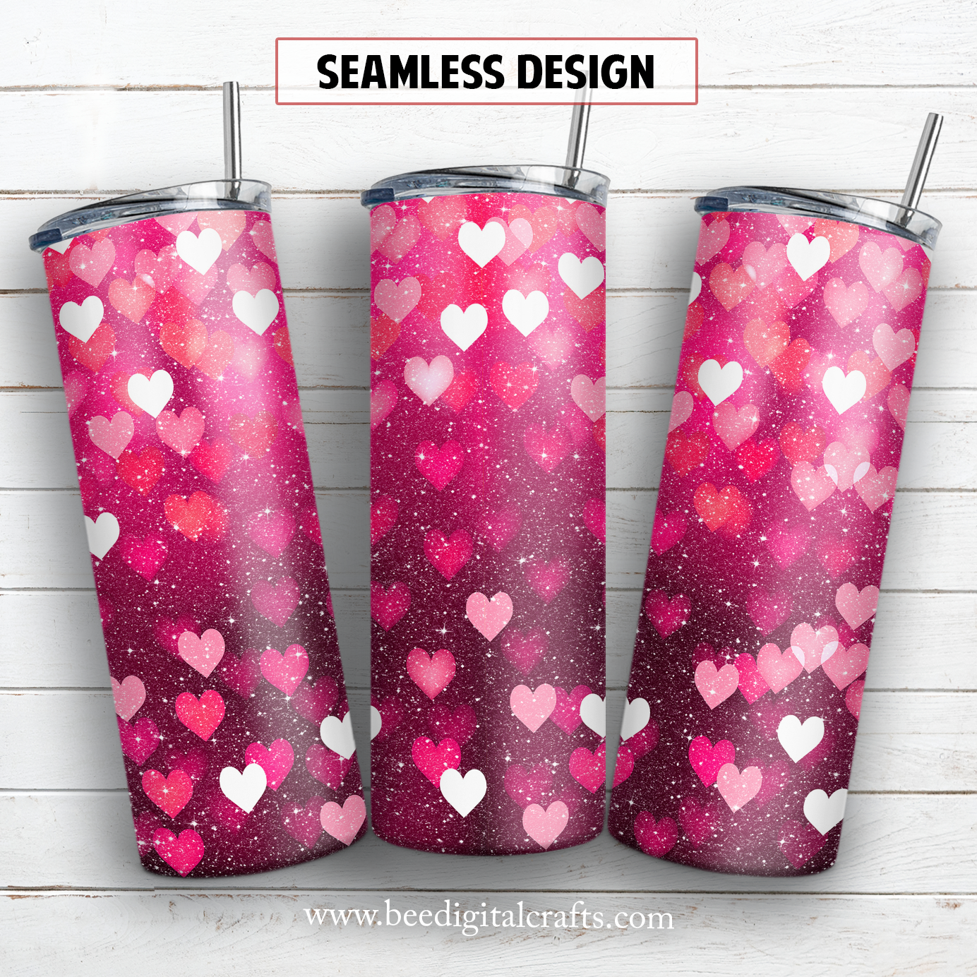 Glitter pink hearts 20 oz skinny tumbler sublimation design