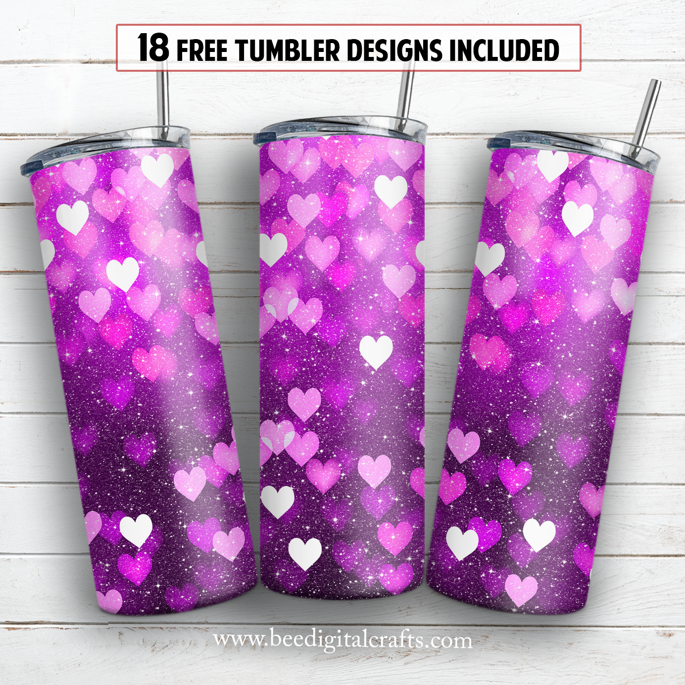 Glitter purple hearts 20 oz skinny tumbler sublimation design