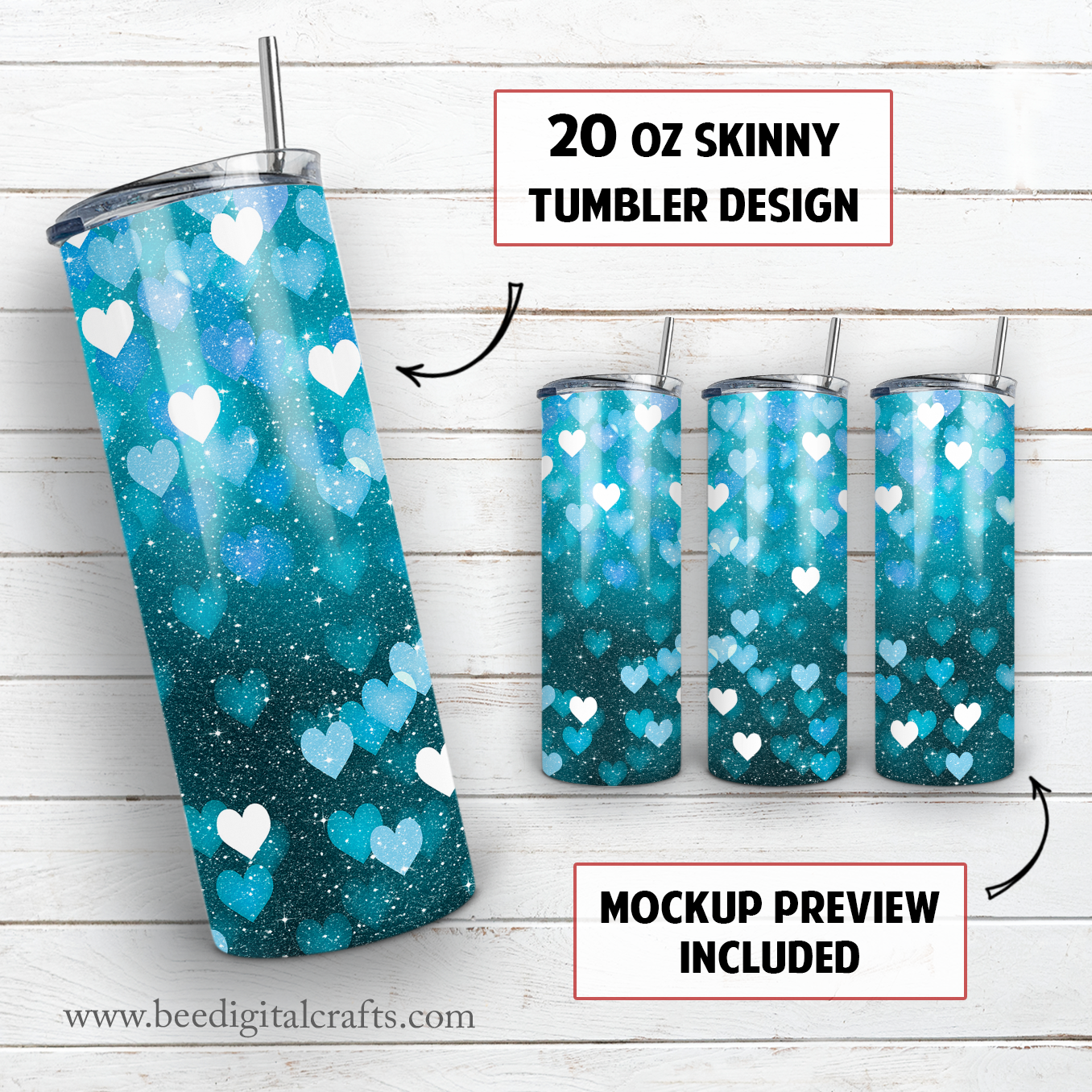 Glitter blue hearts 20 oz skinny tumbler sublimation design