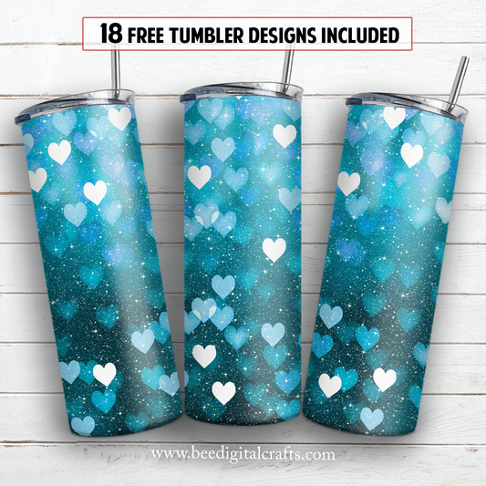 Glitter blue hearts 20 oz skinny tumbler sublimation design