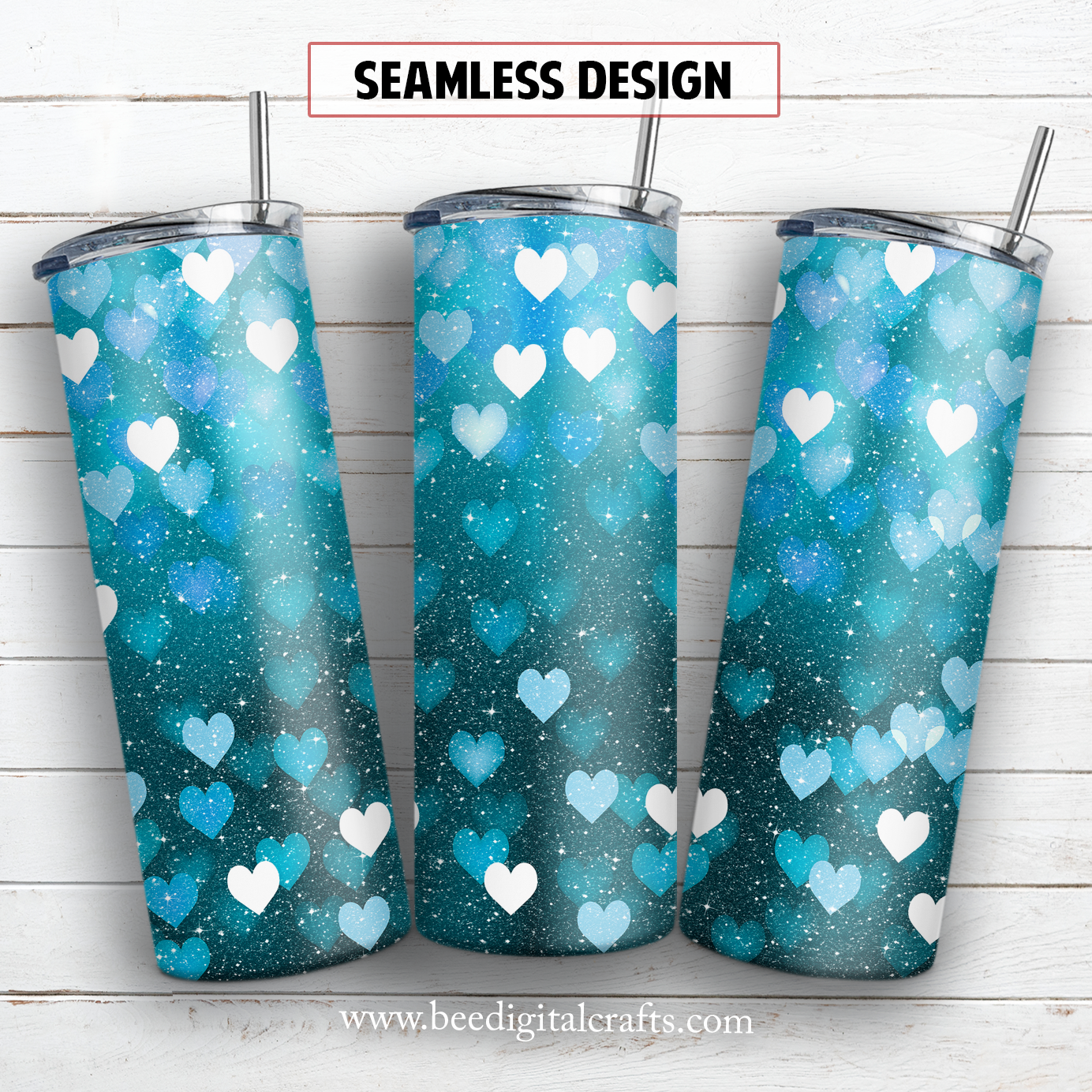 Glitter blue hearts 20 oz skinny tumbler sublimation design