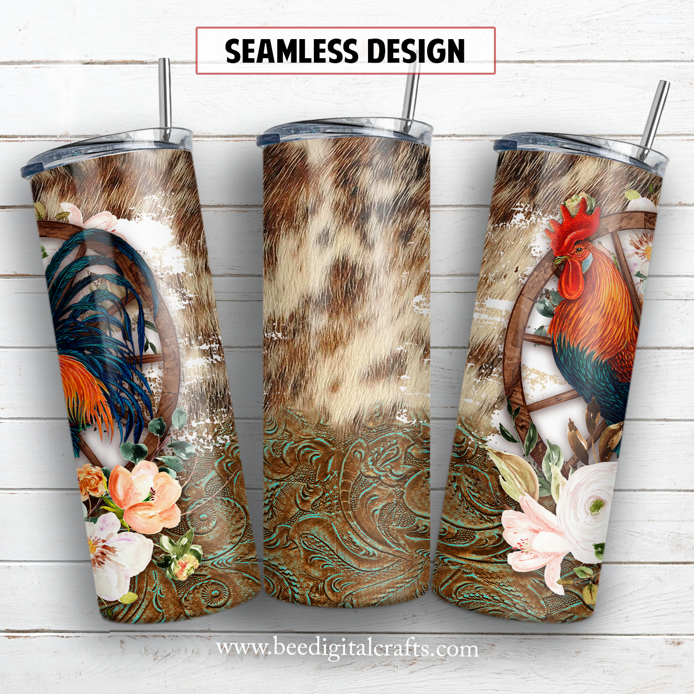 Rooster flower 20 oz skinny tumbler sublimation design