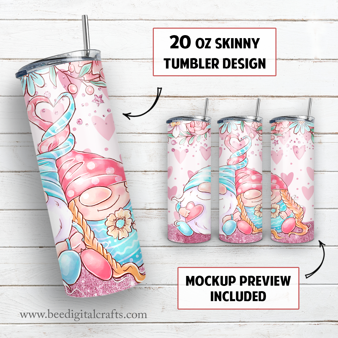 Valentine gnomes 20 oz skinny tumbler sublimation design