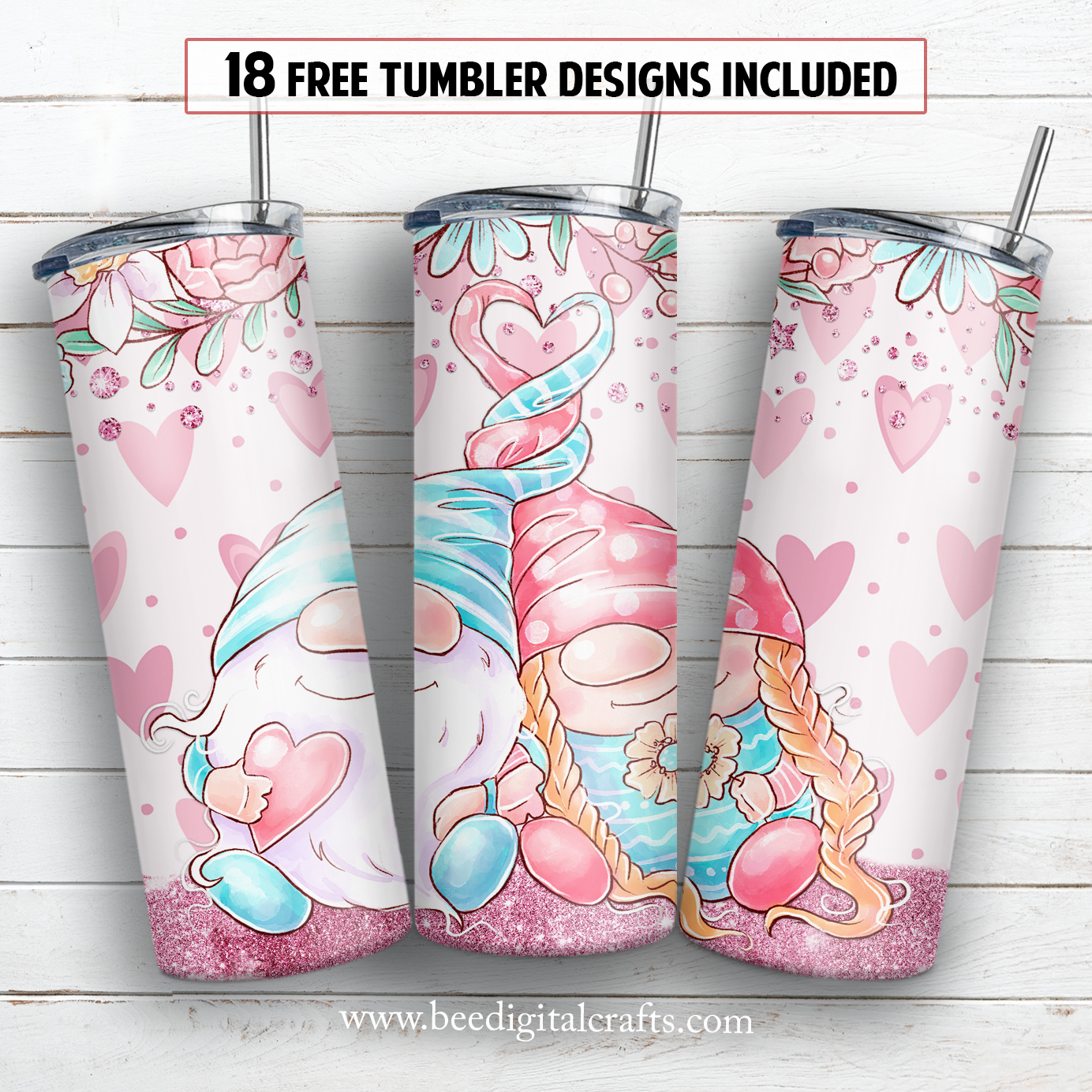 Valentine gnomes 20 oz skinny tumbler sublimation design