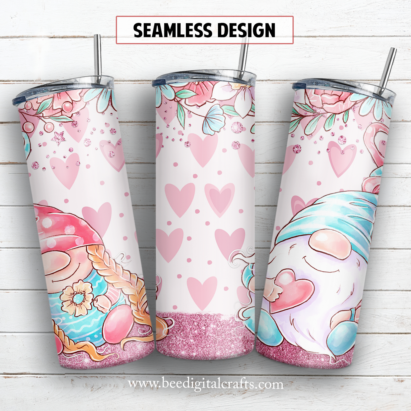 Valentine gnomes 20 oz skinny tumbler sublimation design