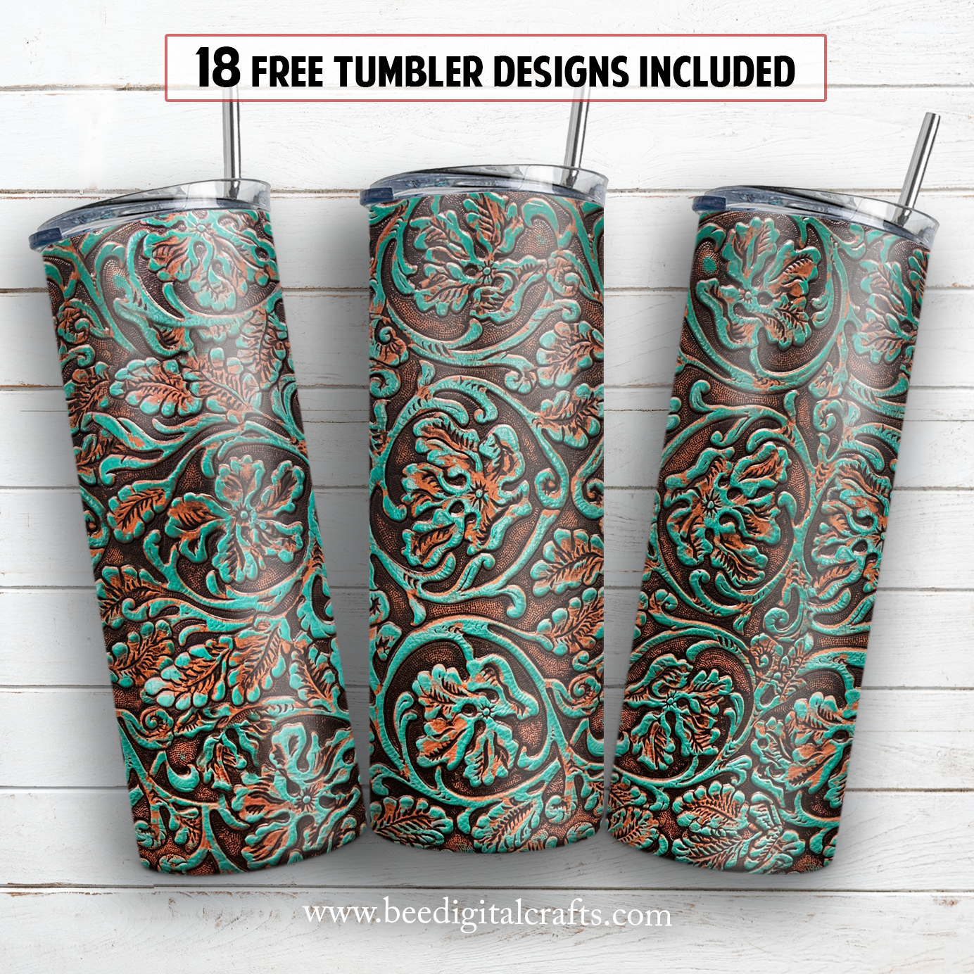 Tooled leather 20 oz skinny tumbler sublimation design