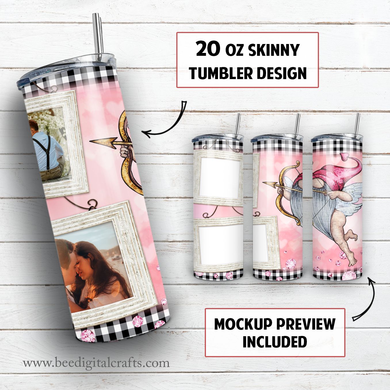 Valentine photo frame 20 oz skinny tumbler sublimation design