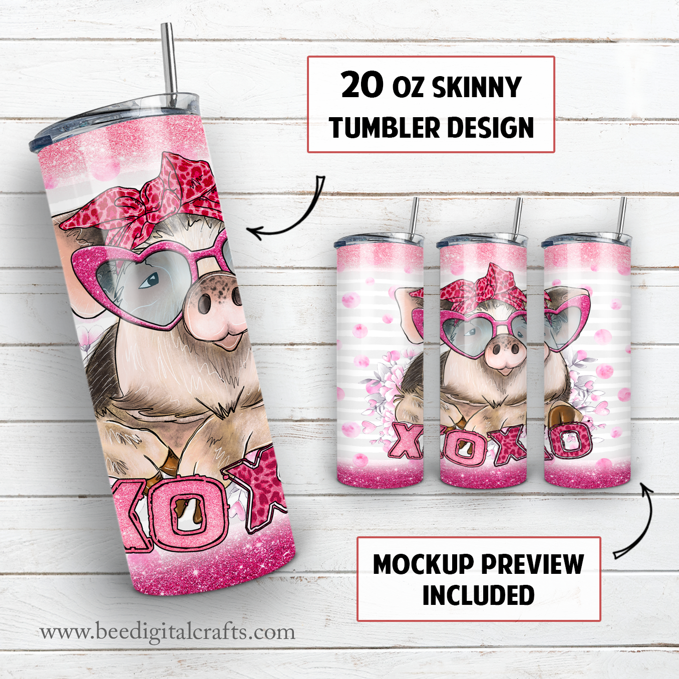 Valentine pig 20 oz skinny tumbler sublimation design