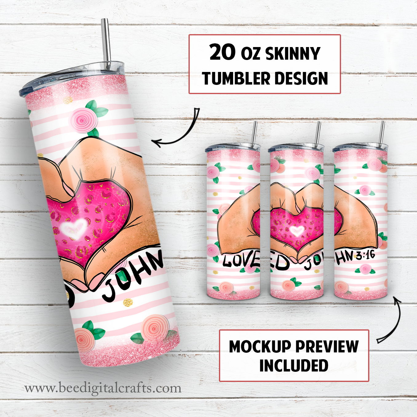 Loved John 3:16 pink 20 oz skinny tumbler sublimation design