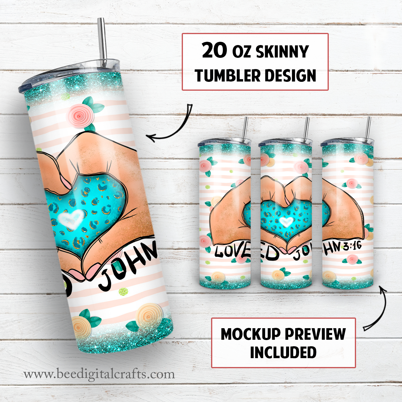 Loved John 3:16 teal 20 oz skinny tumbler sublimation design