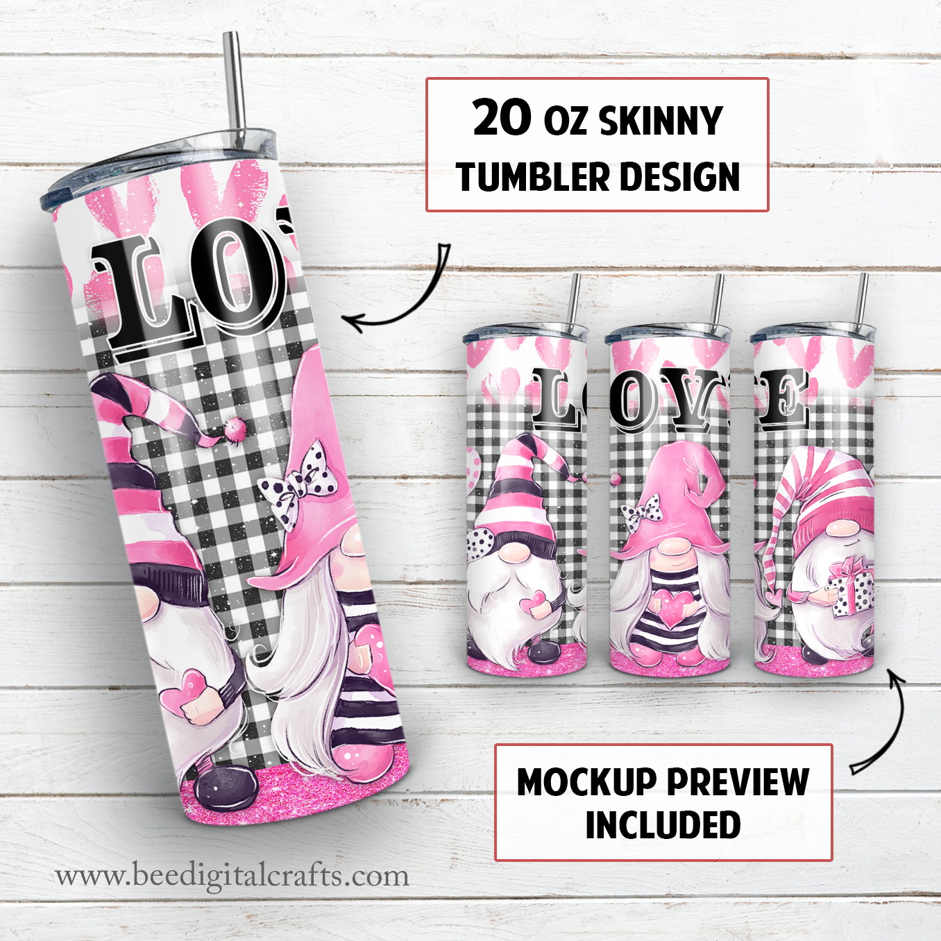 Valentine gnomies 20 oz skinny tumbler sublimation design