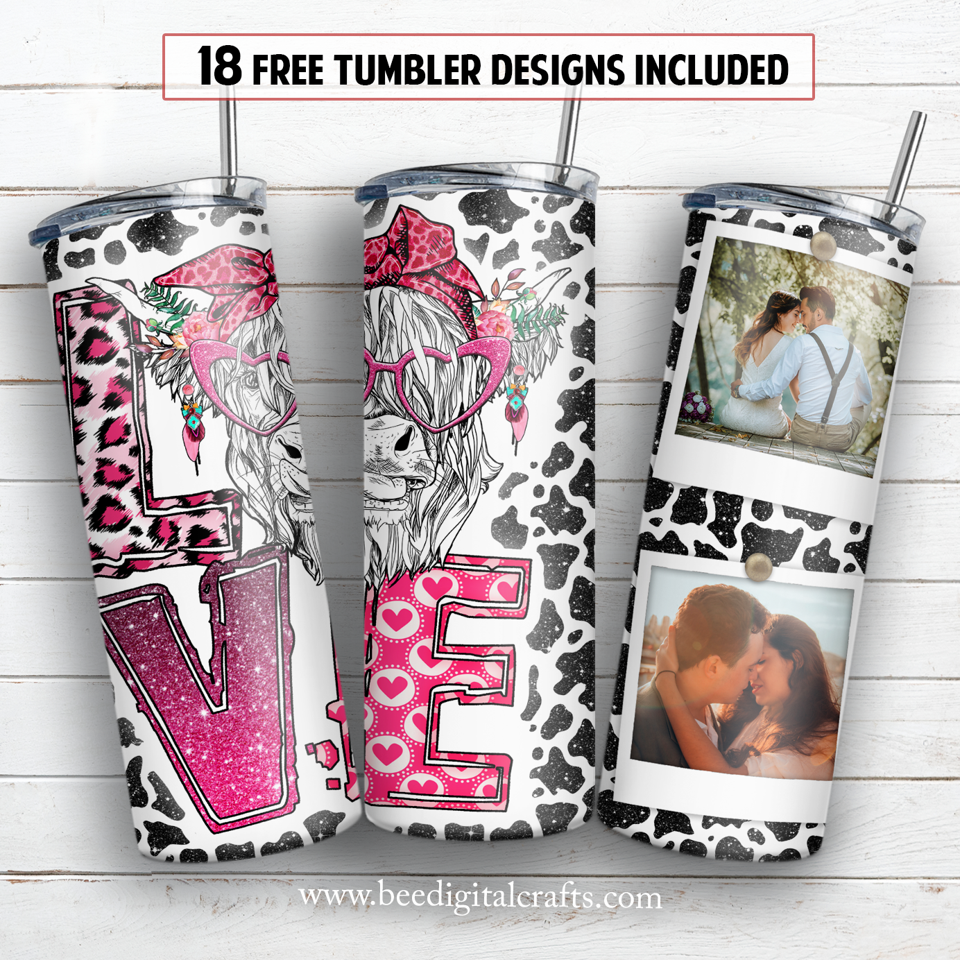 Highland cow love photo frame 20 oz skinny tumbler sublimation design