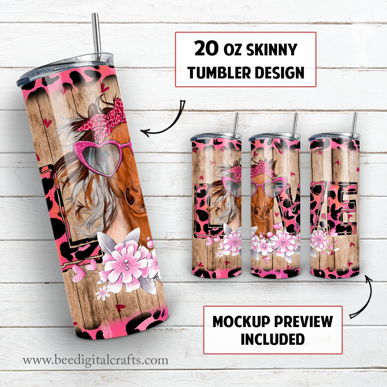 Love horse 20 oz skinny tumbler sublimation design