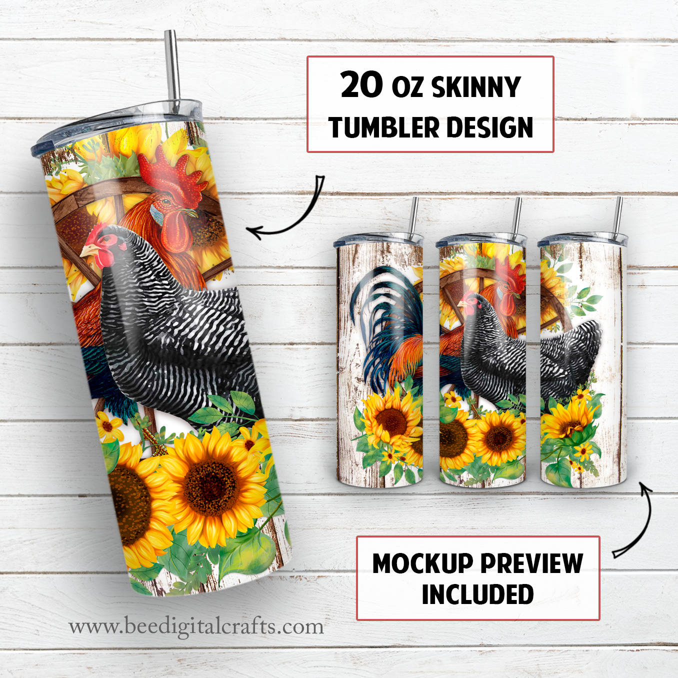 Rooster and chicken 20 oz skinny tumbler sublimation design