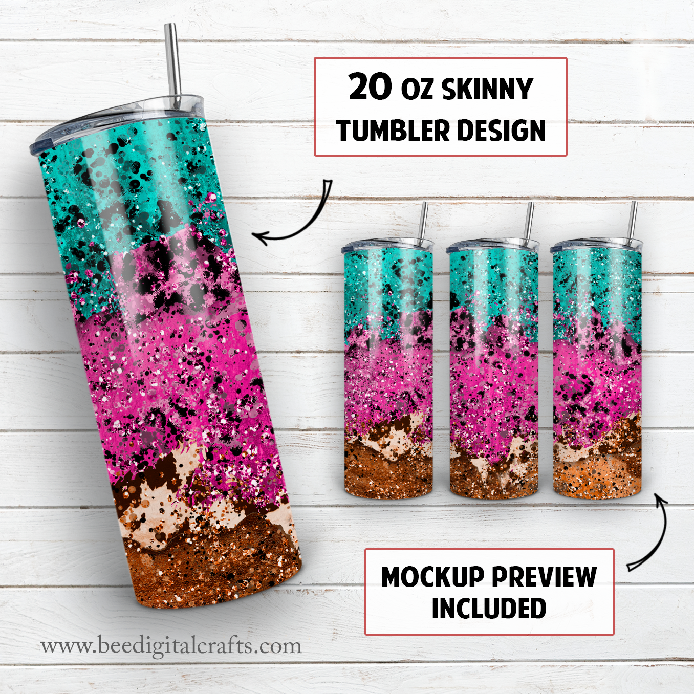 Grunge teal pink and brown 20 oz skinny tumbler sublimation design