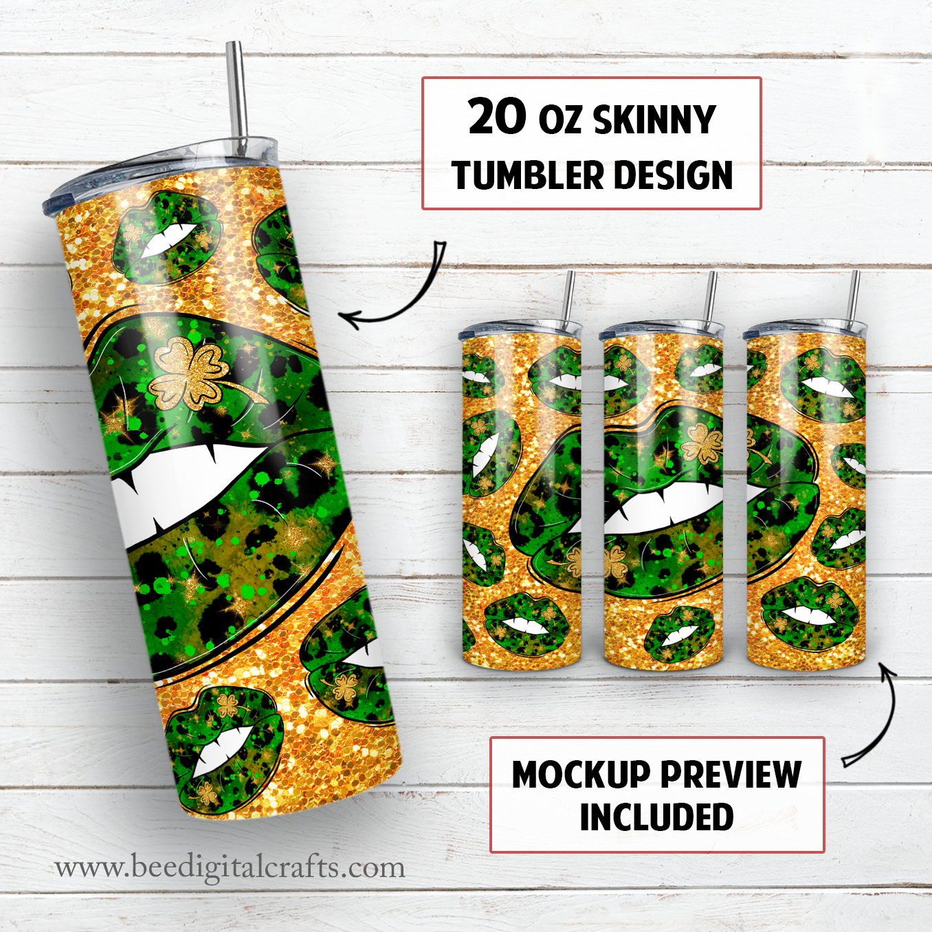 Shamrock lips 20 oz skinny tumbler sublimation design