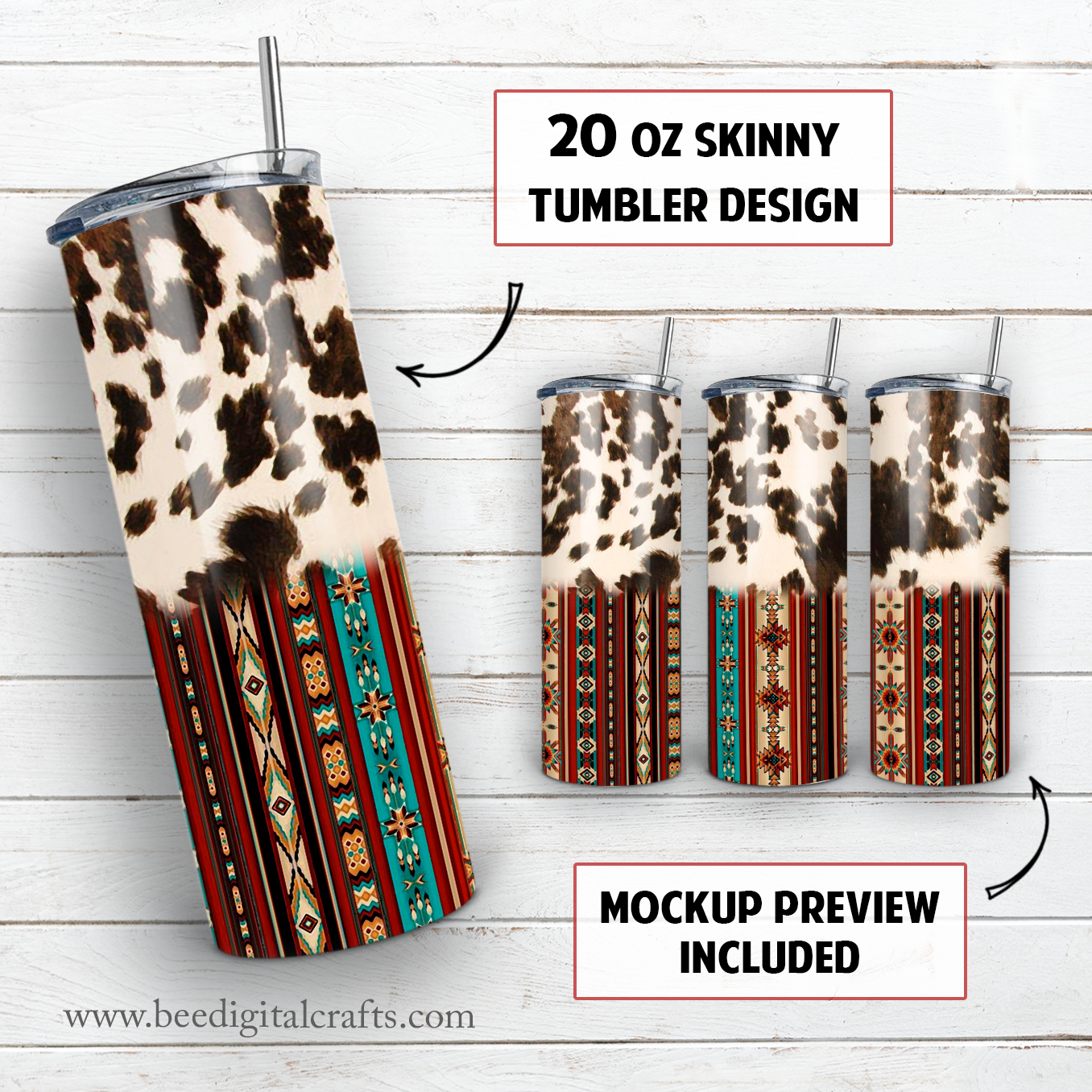 Cowhide aztec 20 oz skinny tumbler sublimation design