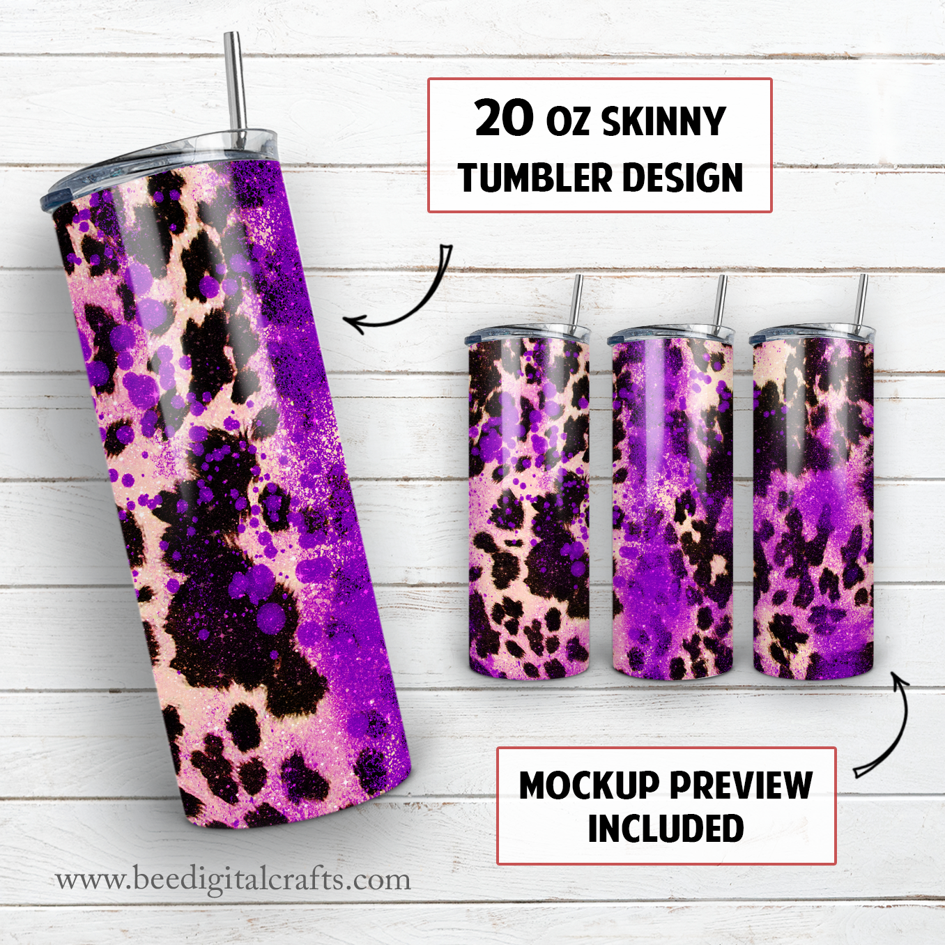 Cowhide purple glitter 20 oz skinny tumbler sublimation design