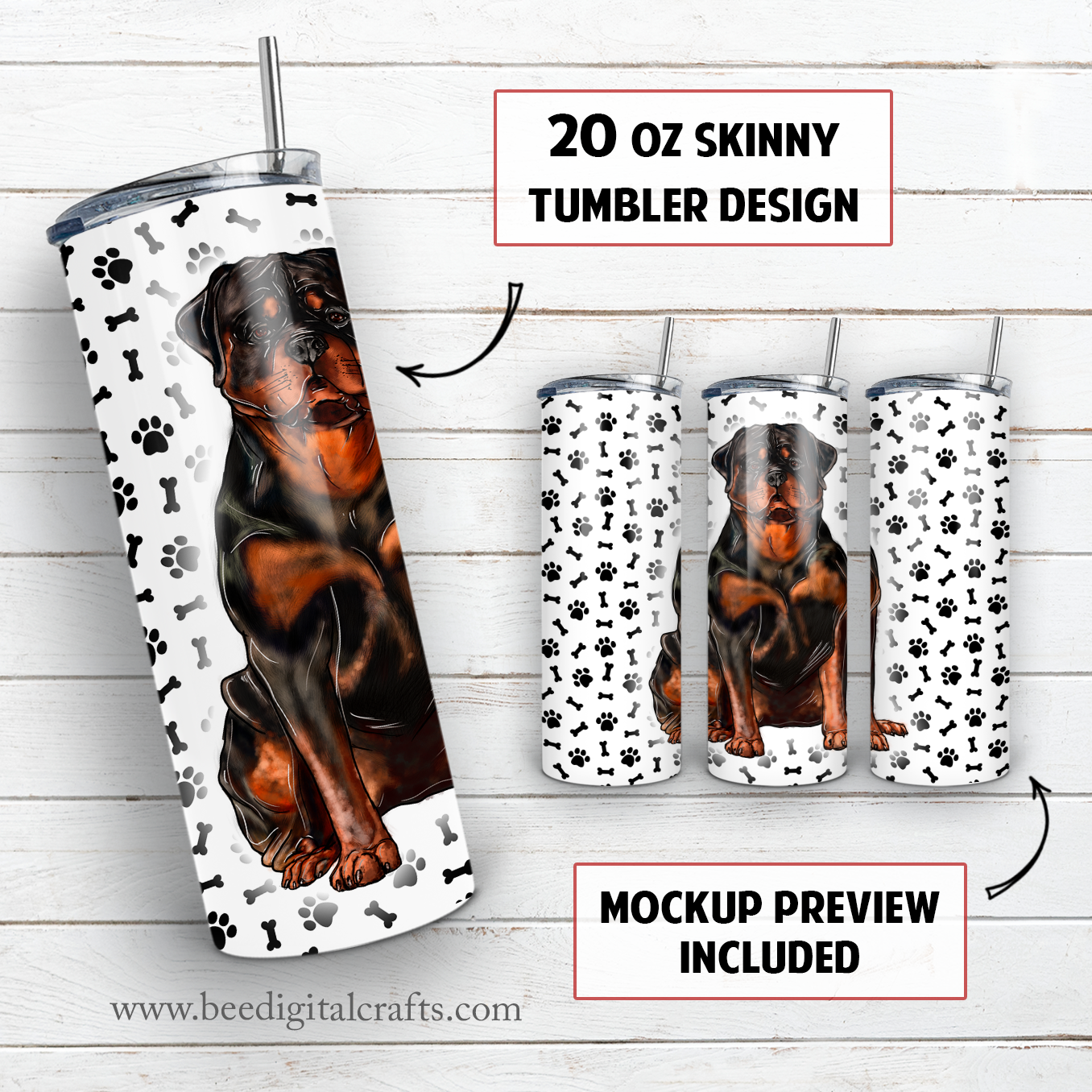 Rottweiler 20 oz skinny tumbler sublimation design